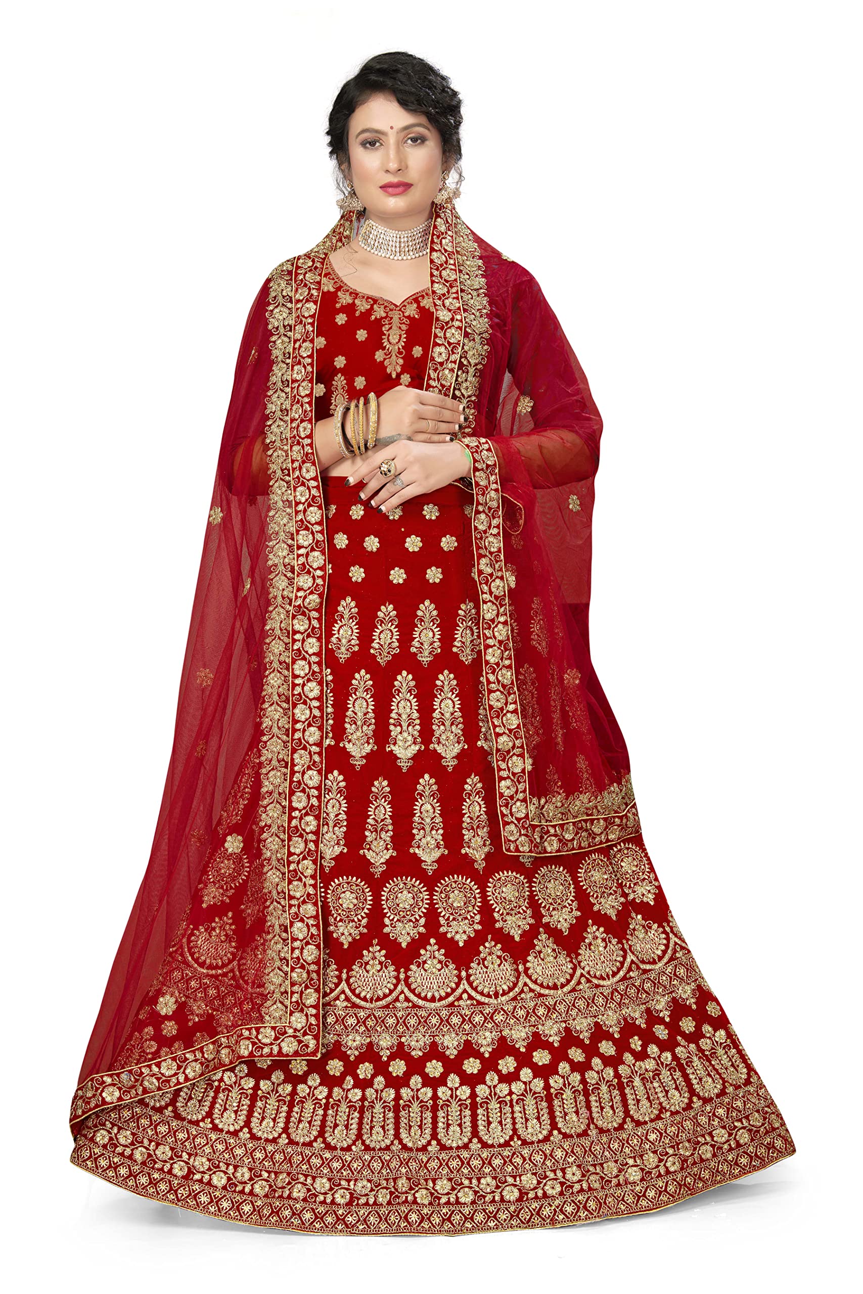 Velvet Heavy Zari Embrodiery Daimond Work Red Semi-Stitched Lehenga Choli (MRSVELVETQN61R)-image-35