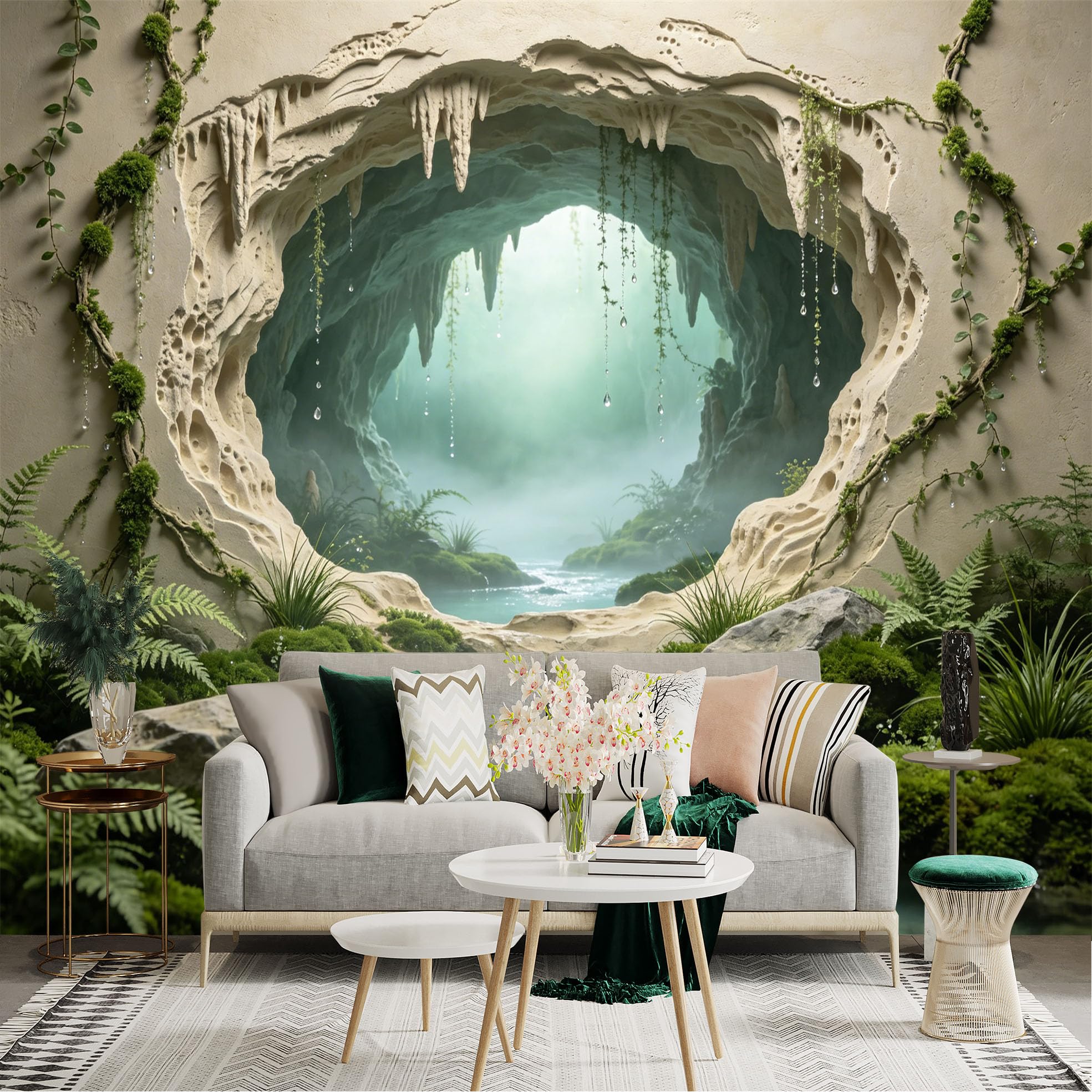 Custom Size Wall Sticker Mural， Mystical Cave with Waterfall， Moss and Fern Landscape， for wall Decoration， peelandstick wall Decals.