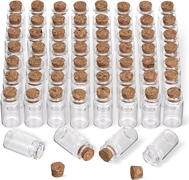 THE TWIDDLERS - 60 Pcs Mini Glass Jars, Small Clear Bottle Containers with Cork Lids for DIY Crafts Spell Fairy Dust Beads Storage - 7ml