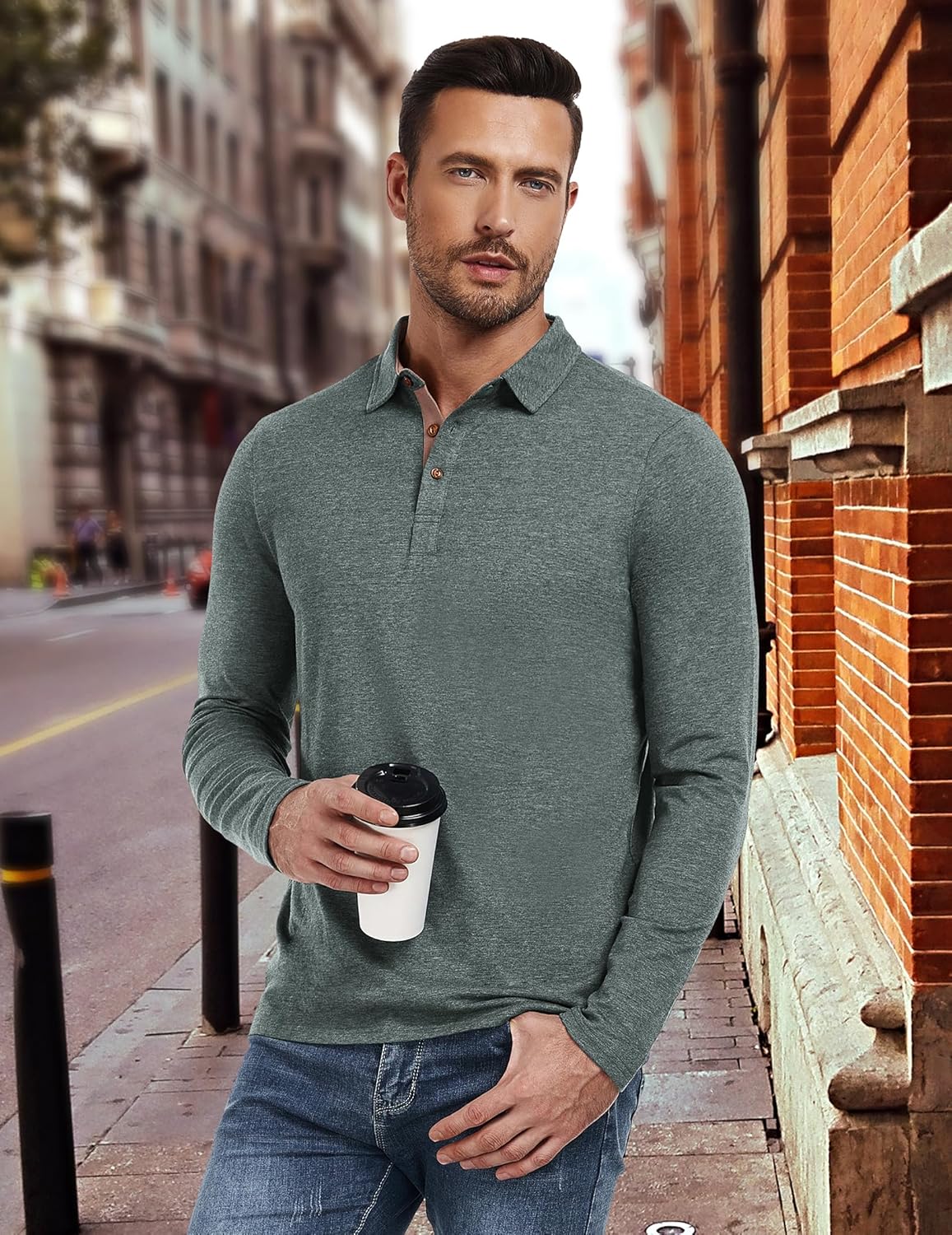 PEGENO Mens Polo Short/Long Sleeve Shirt Classic Button Basic Solid Color Designed Collared Polo Shirt Fashion Casual Shirts - Image 5