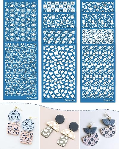 Puocaon Pantalla de seda de arcilla de Halloween, 10 plantillas de pantalla de seda de calavera dispersa para joyas de arcilla polimérica,