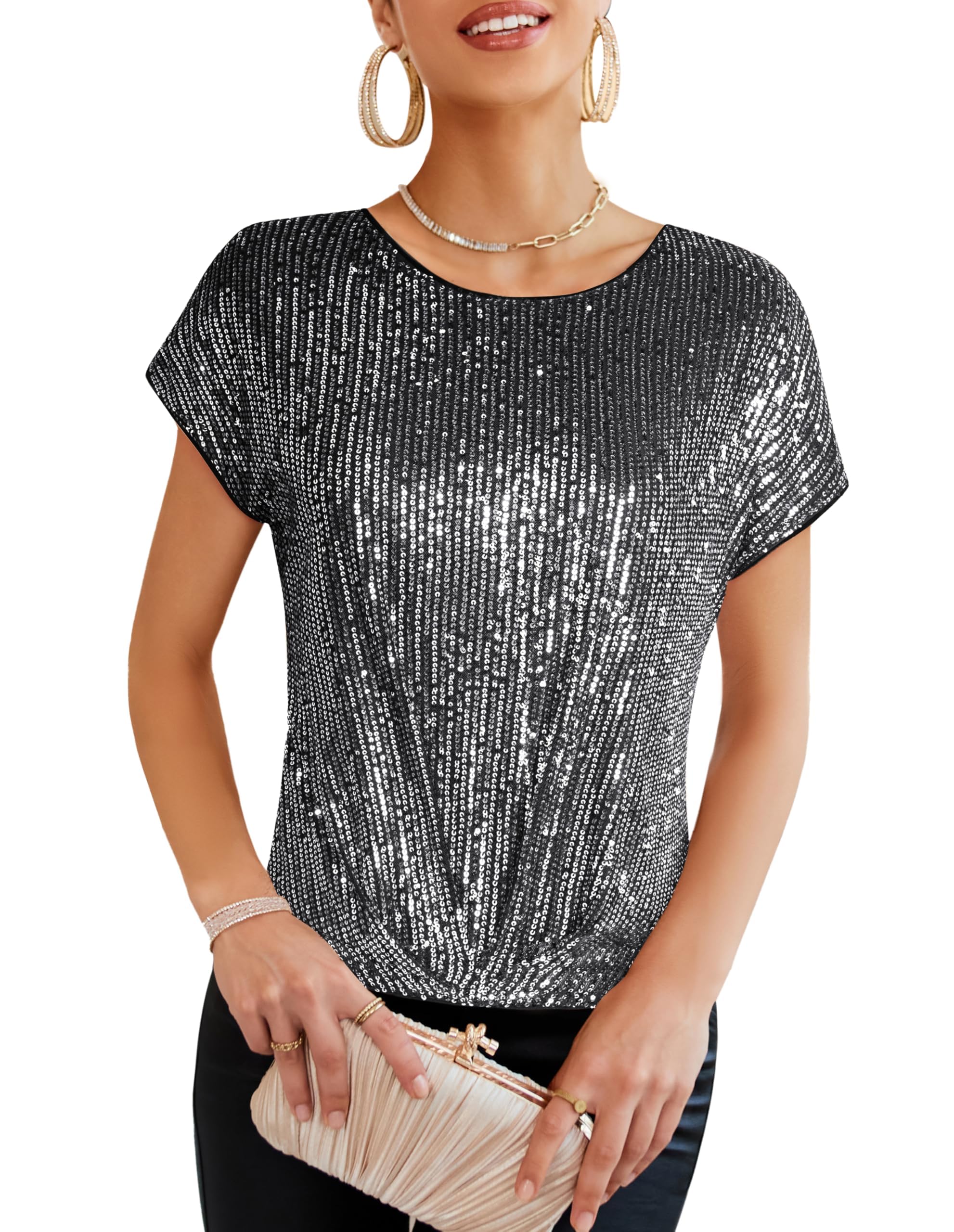 GRACE KARIN Canottiera da donna a maniche corte, scollo rotondo, con paillettes, elegante, lucida, per feste, cocktail