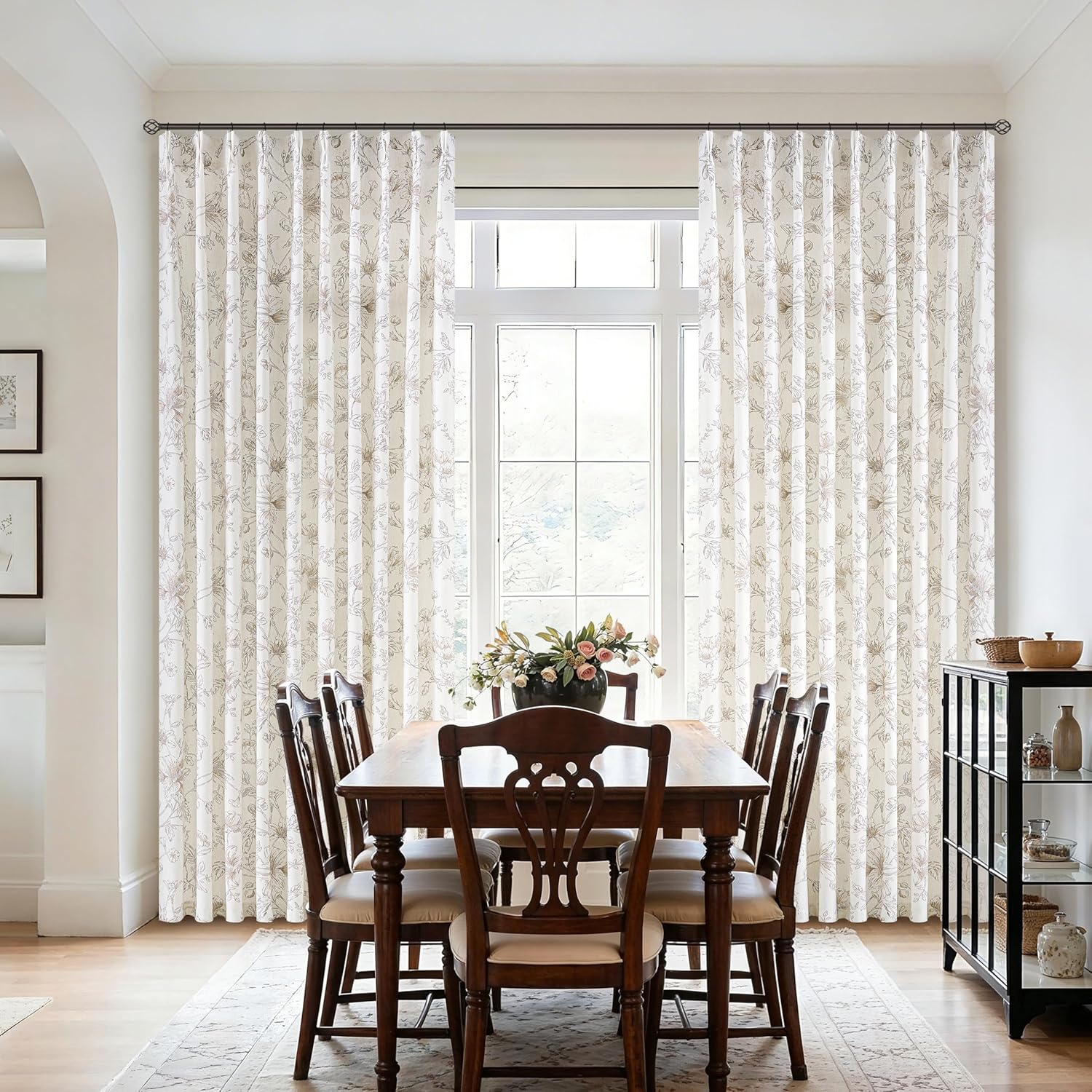 Pinch Pleated Brown Linen Floral Curtains for Living Dining Room 102 Inch Semi Sheer French Country Neutral Tan Brown Flower Print Patterned Curtain Memory Trained Vintage Back Tab Pleat Drape