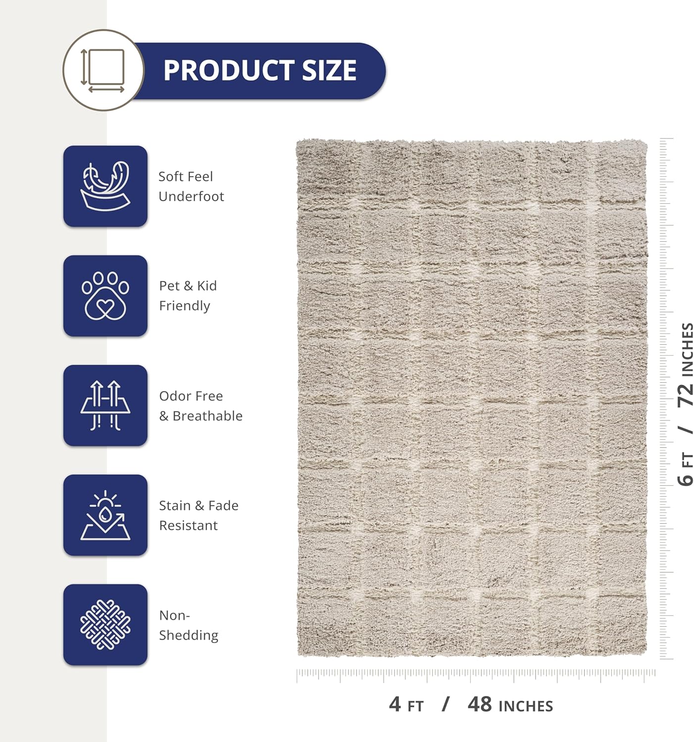 Abani Glenn Collection Shag Cream Area Rug - 4' x 6' - Checkered Design, Non-Shedding - Easy to Clean, Durable for Living Rooms, Bedrooms & Offices, Pet & Kid Friendly