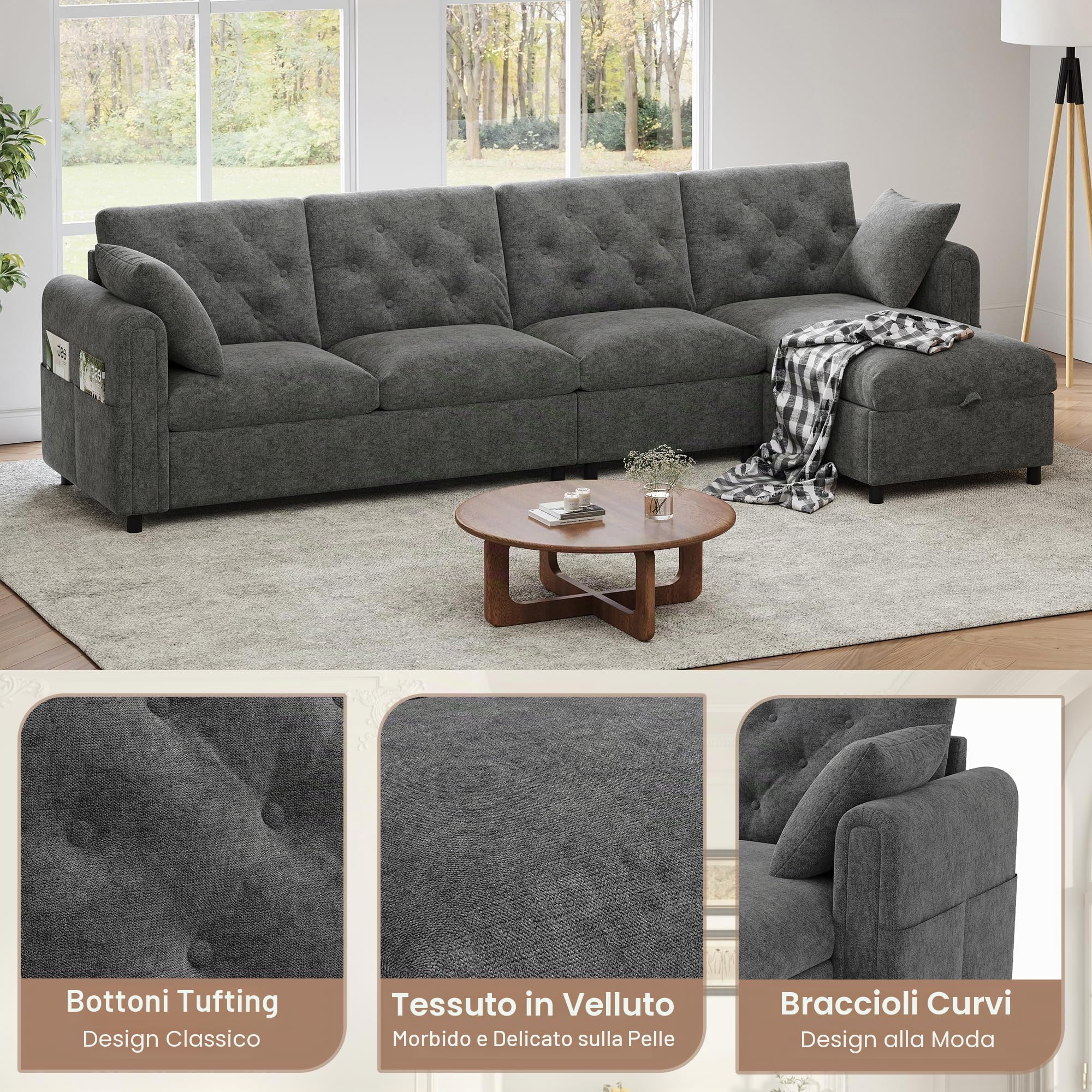 Divano ad Angolo 4 Posti con Contenitore, Divano Angolare in Velluto con Poggiapiedi Rimovibile per Salotto Soggiorno, Chaise Longue a Forma di L, Divano a Sinistra/Destra Grigio