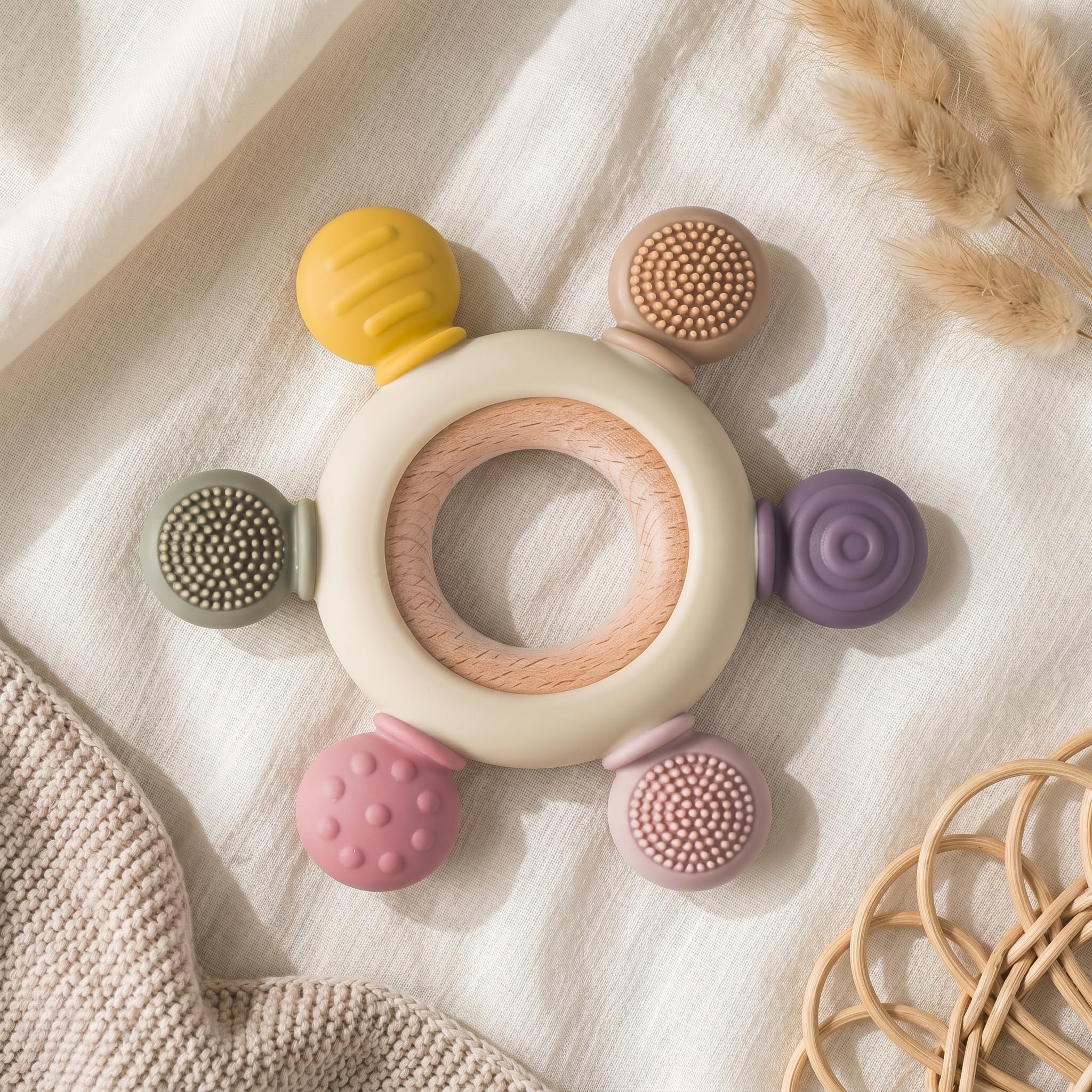 Blushbaby Silicone & Wooden Baby Teether for 3+ Months Babies | BPA Free Soft Chew Teething Ring for Infants & Newborns | Safe Sensory Teether for Gum Relief | Round Shape | Beige-picture-20