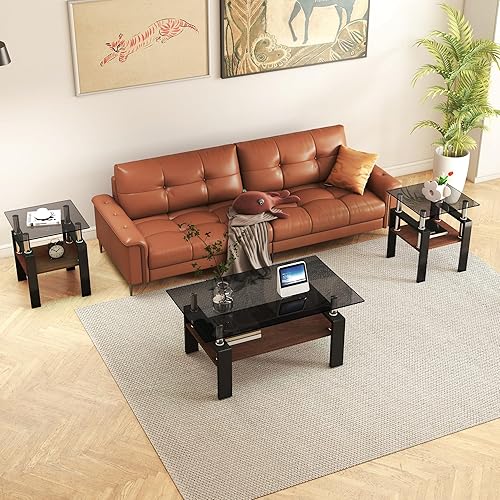 Miniatura 18 de Juego de 3 mesas auxiliares de cristal para sala de estar, mesa auxiliar de sofá con almacenamiento, patas de metal negro, mesa central rectangular