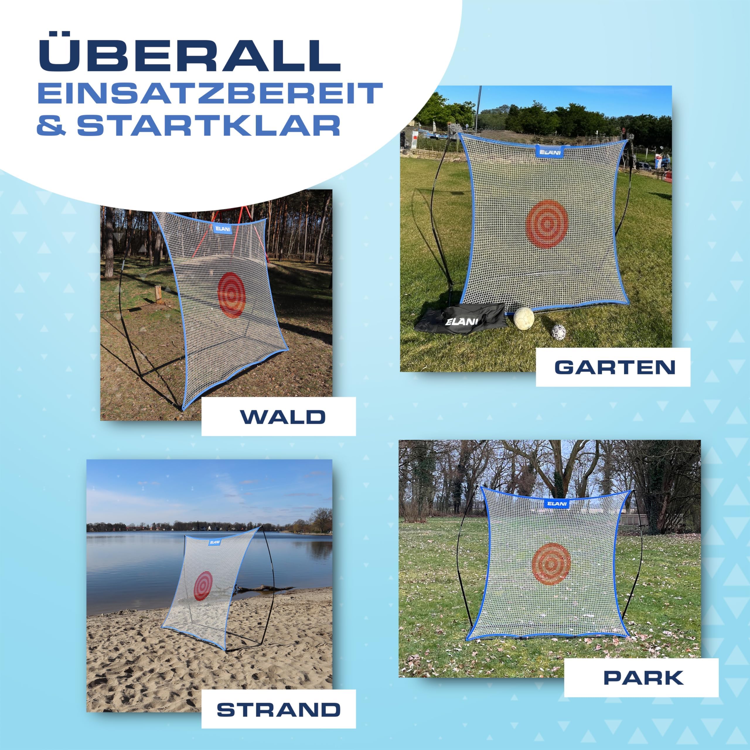 ELANI - Rebounder 2x2m - extra groß mit Zielring & 8 Heringen für sicheren Stand - Fussball Rebounder mit stabilem Rahmen - Fußball-rebounder, Handball Tor, Bouncer Fussball, Ball Trampolin