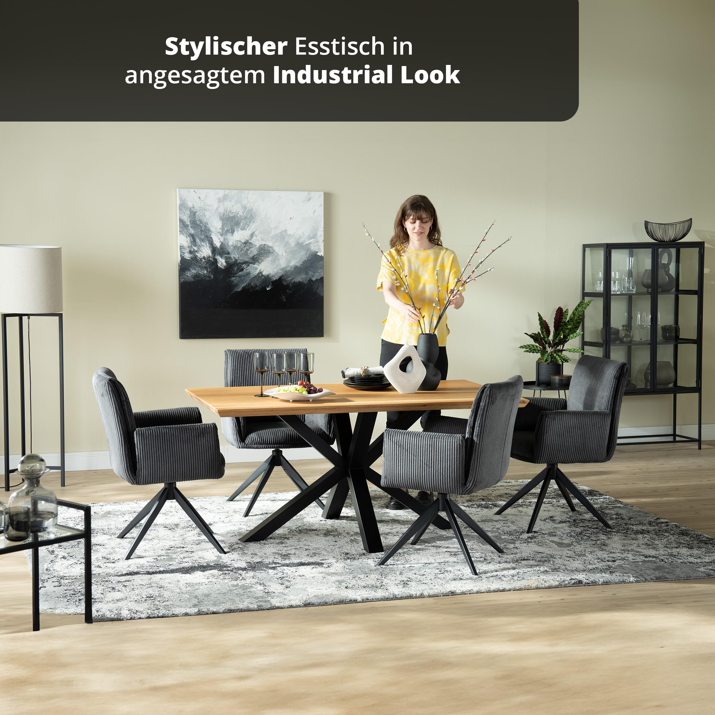 KHG Esstisch 160 x 90 cm Küchentisch aus massiver Eiche geölt - Schweizer Kante, Sterngestell Metall schwarz, Industrial Design, Tisch für 6-8 Personen, belastbar bis 50 kg