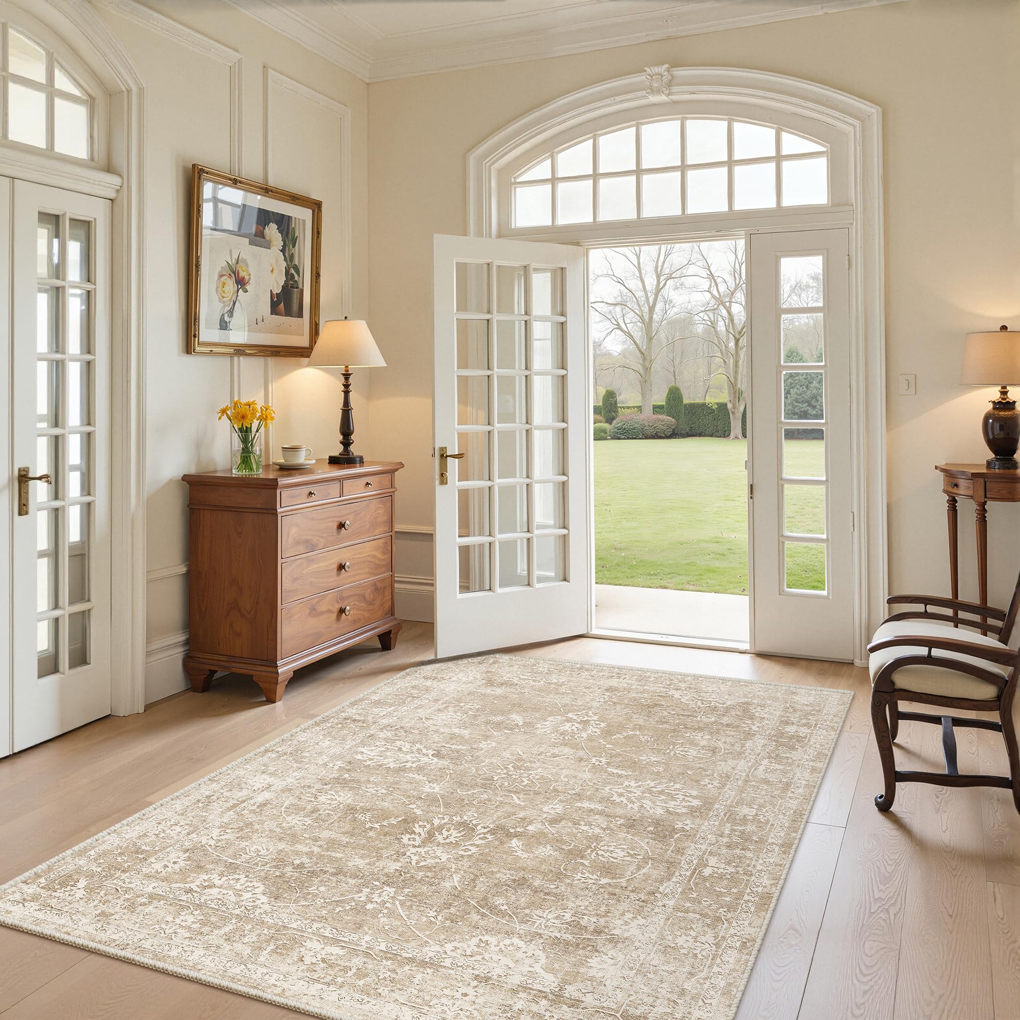 Madane Washable Area Rug 4x6, Low Pile Stain Resistant Vintage Area Rugs, Non Slip Accent Rug Floral Print Indoor Mat for Entryway Living Room Kitchen