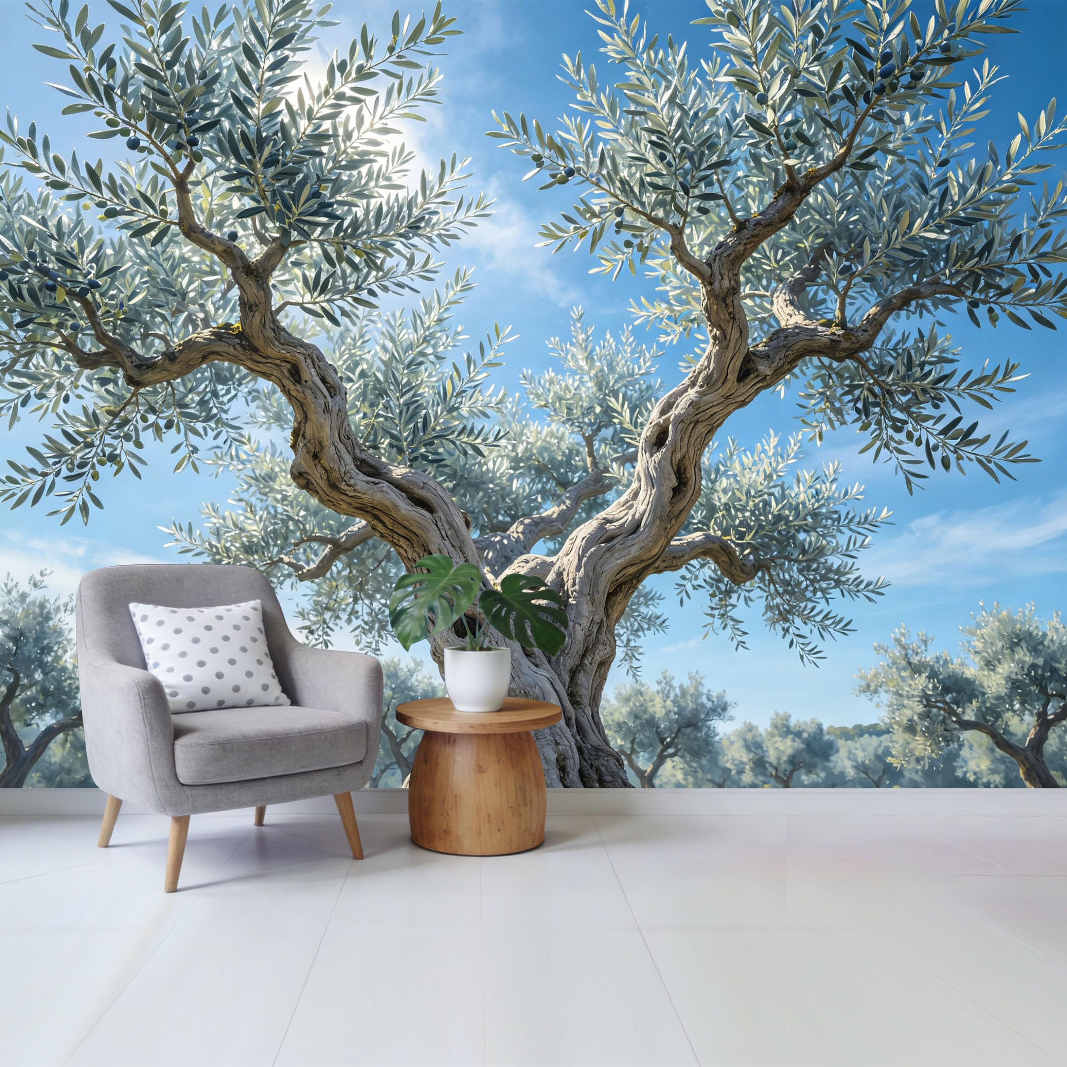 Removable Self Adhesive Fabric Mural， Ancient Mediterranean Olive Tree Custom Size Wall Covering， UV Protected Waterproof Washable Wall Decor for Living Room Bedroom Bathroom