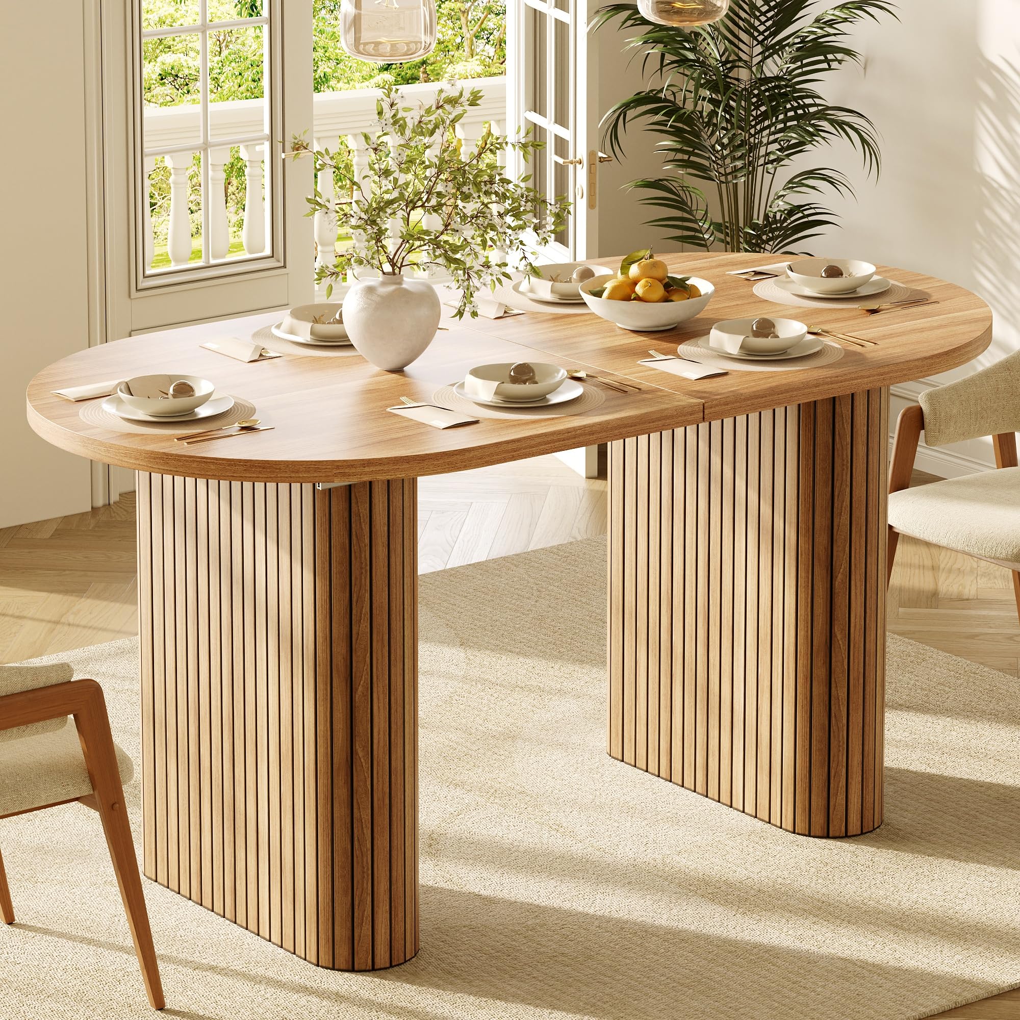 Tavolo da pranzo allungabile 120-160 cm, tavolo in legno ovale con struttura verticale, portata fino a 60 kg, 3 colori: legno naturale (marrone)