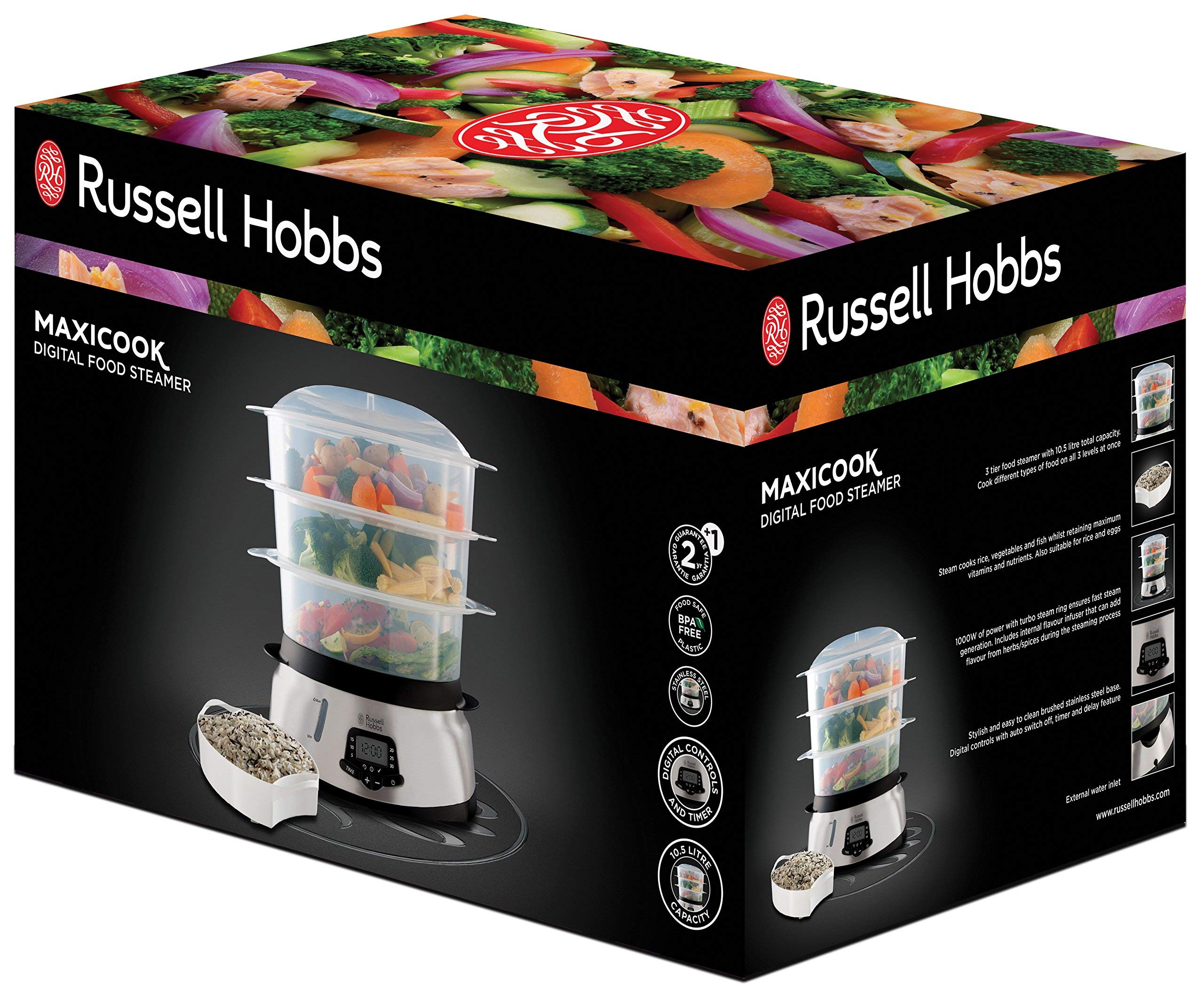 Russell Hobbs Vaporera Maxicook - 3 Recipientes para Cocinar al Vapor, Capacidad 10,5 litros, Cuenco para Arroz, Función Vapor Turbo, Control Digital, Sin BPA, Acero Inoxidable, 1000 W - 23560-56
