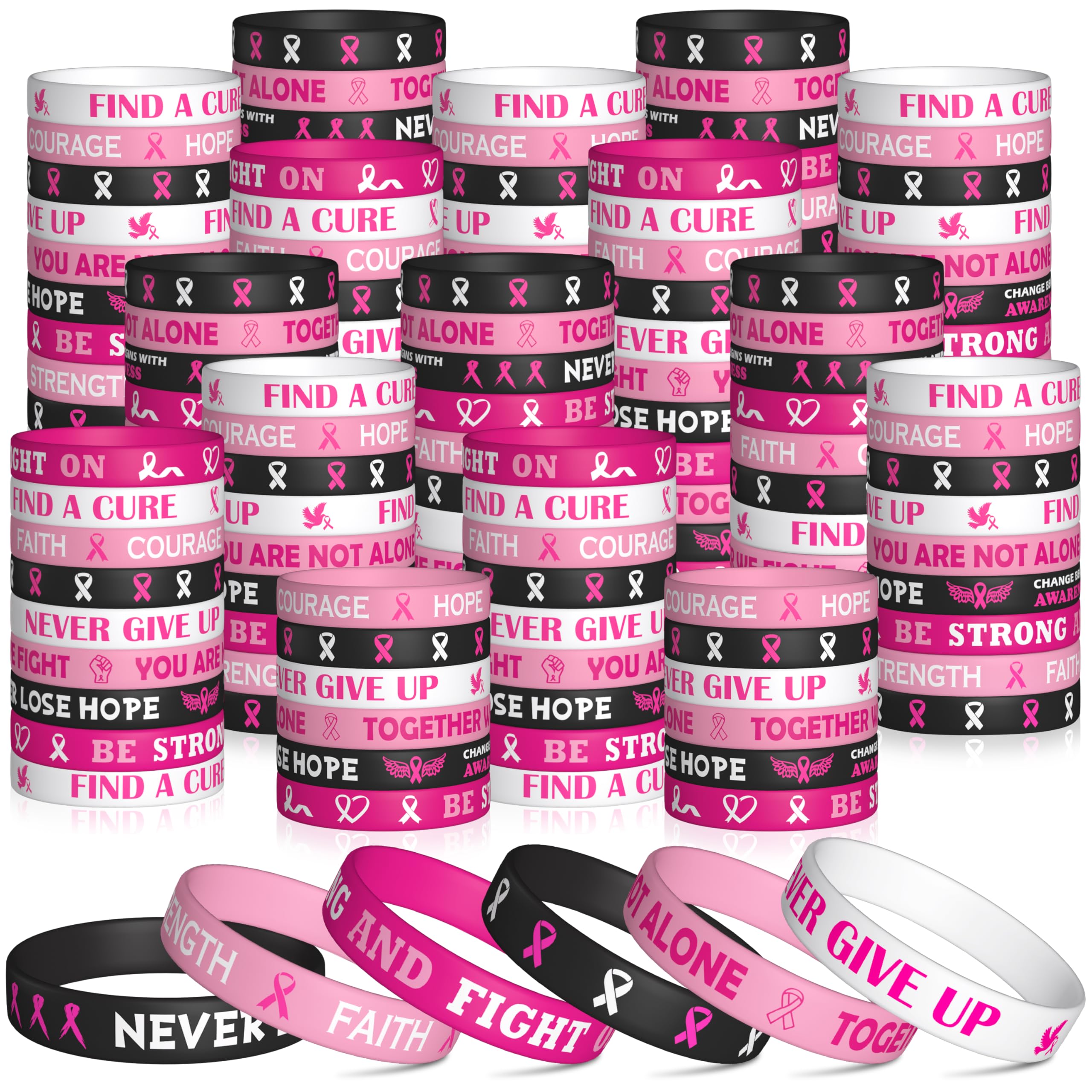 WATINC Breast Cancer Awareness Silicone Bracelets Set - Pink Ribbons Hope Faith Strength Courage Stretch Wristbands, Motivational Rubber Bracelet with