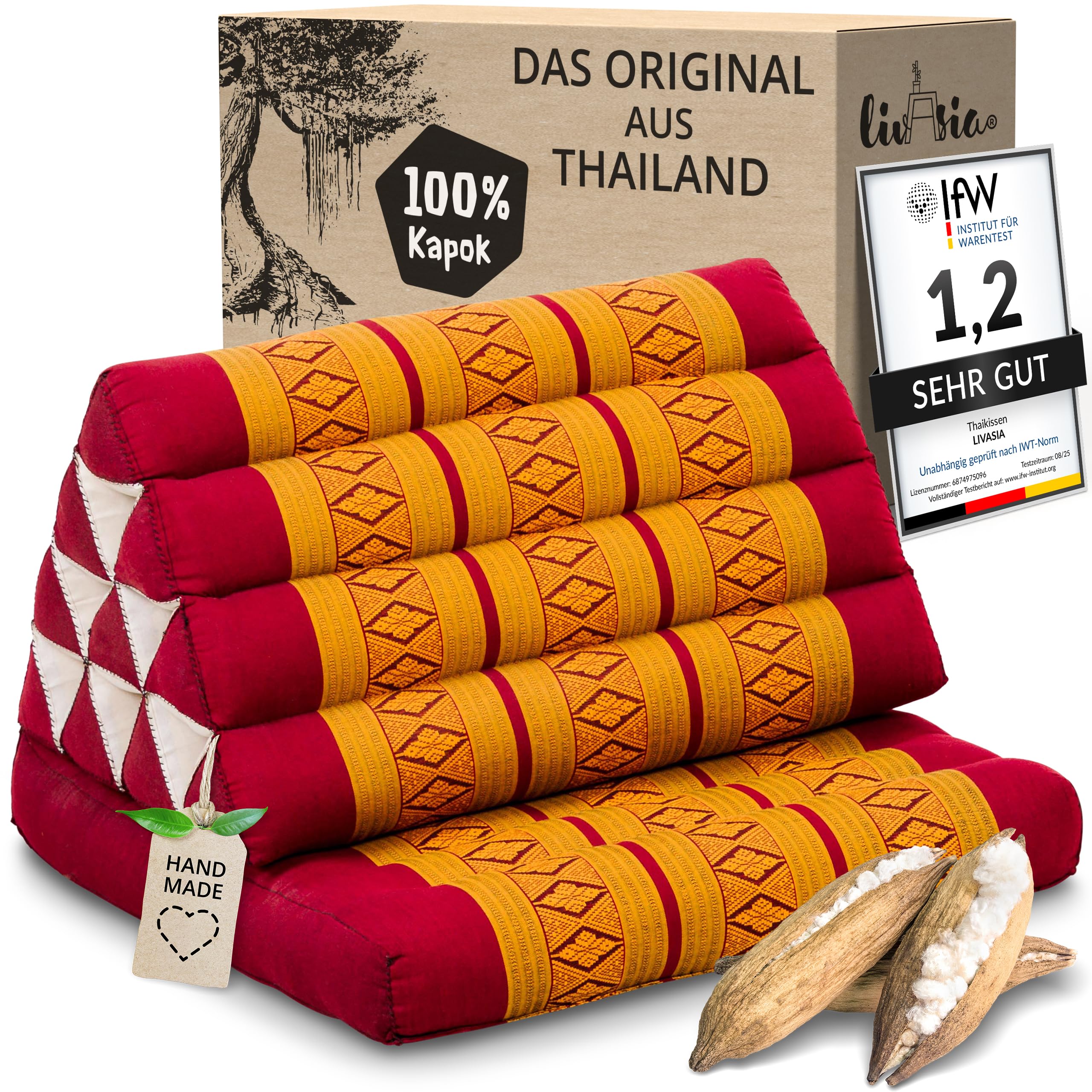 livasia Thaikissen mit Auflage – Dreieckskissen & Sitzauflage, 75x50x8 cm, Kapok-Füllung