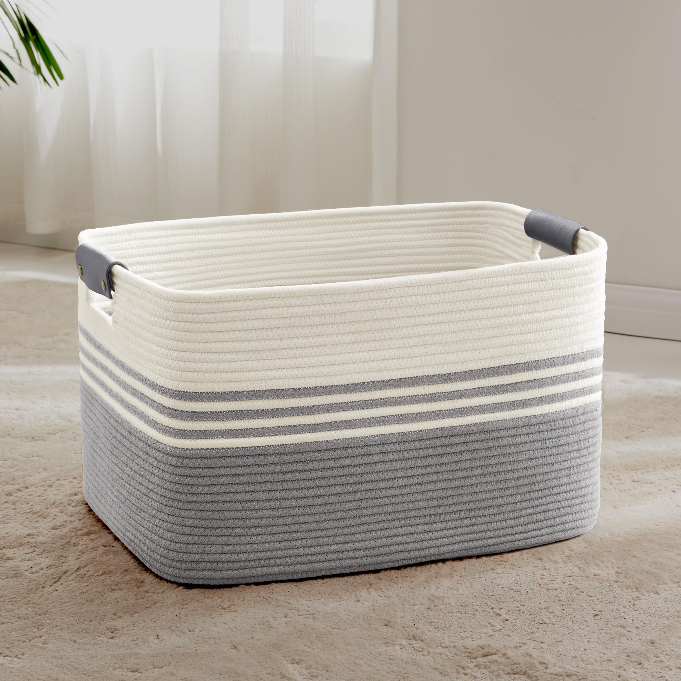 MYHOMMATTO 72L Large Laundry Basket with Leather Handles for Living Room Storage, Woven Rope Baskets Bin for Blanket, Kids Toy, Gifts, Wicker Hamper for Bedroom Dirty Clothes, 22"x17"x12" White Grey