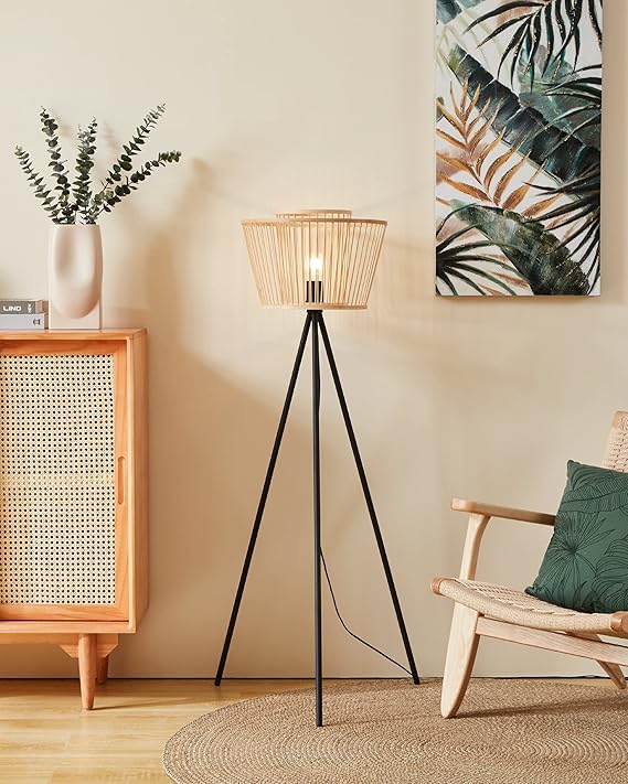 Eglo EGLO Statief staande lamp Hykeham, staande lamp van hout in natuur en metaal in zwart, driepoot staande lamp Boho, bamboe lamp woonkamer, woonkamerlamp met E27-fitting photo 2