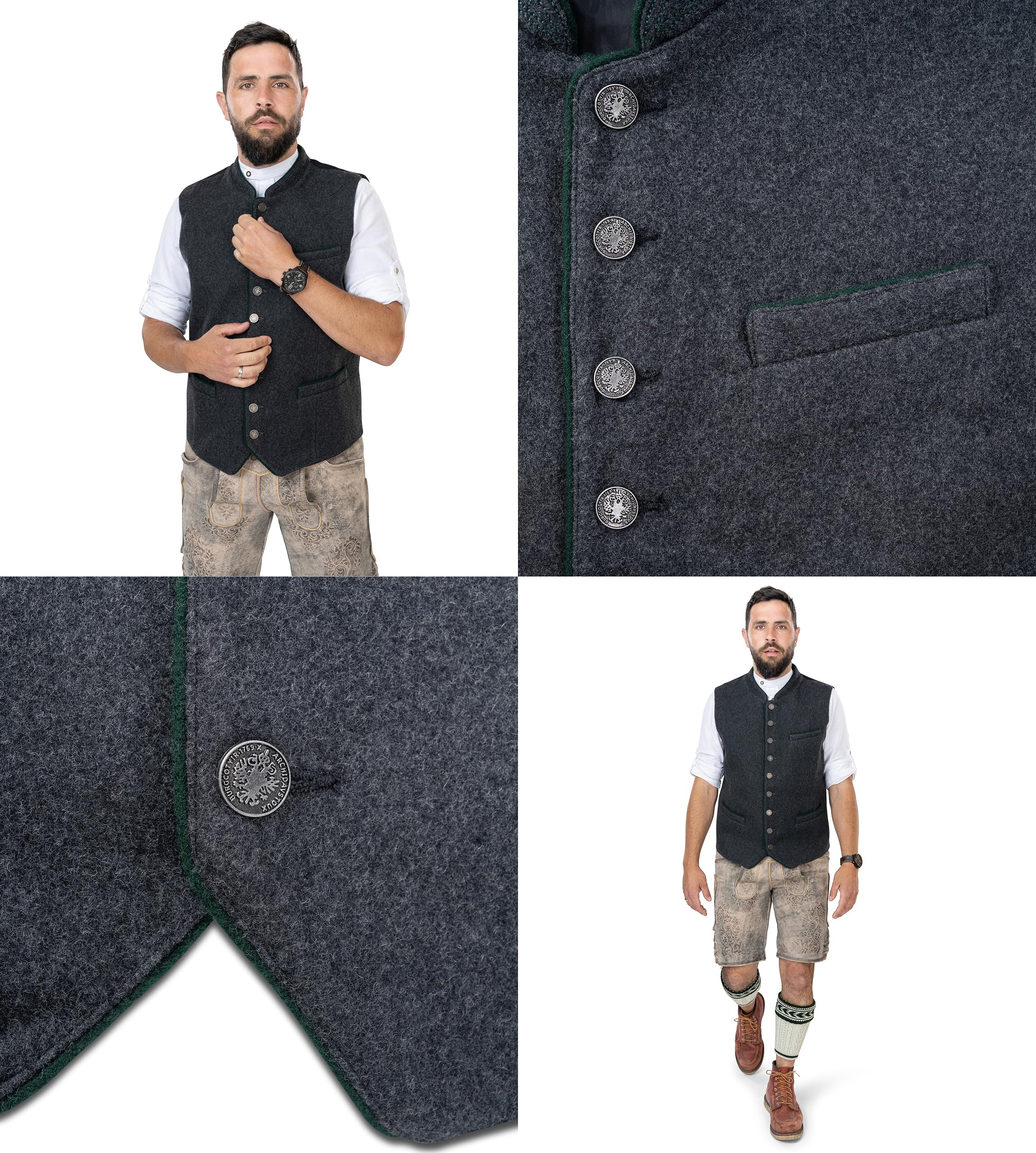 Gilet da uomo in lana – Gilet Lod, grigio per Oktoberfest | Gilet in lana per pantaloni in pelle – Trachten-Gilet Benedetto