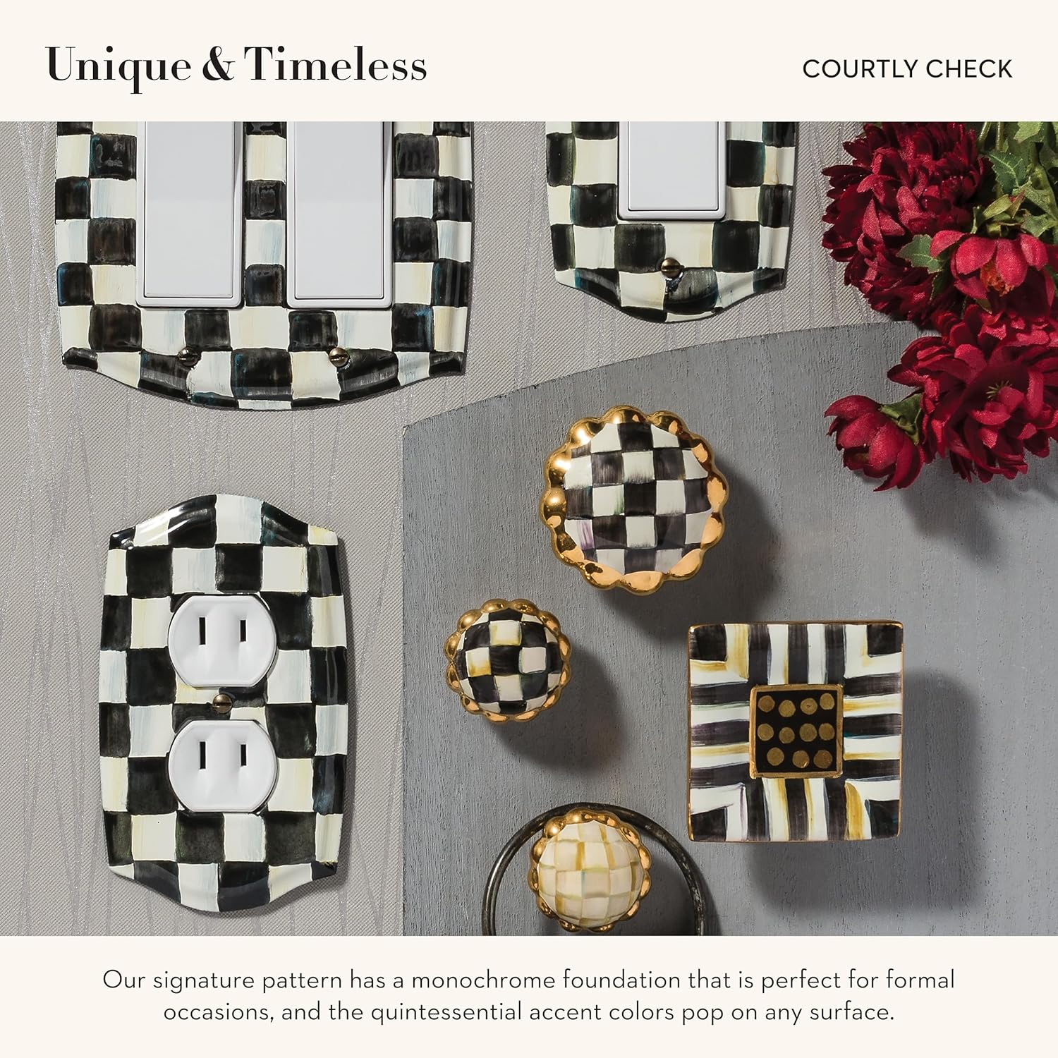 MACKENZIE-CHILDS Enamel Switch Plate, Light-Switch Cover, Double Rocker, Black-and-White Courtly Check