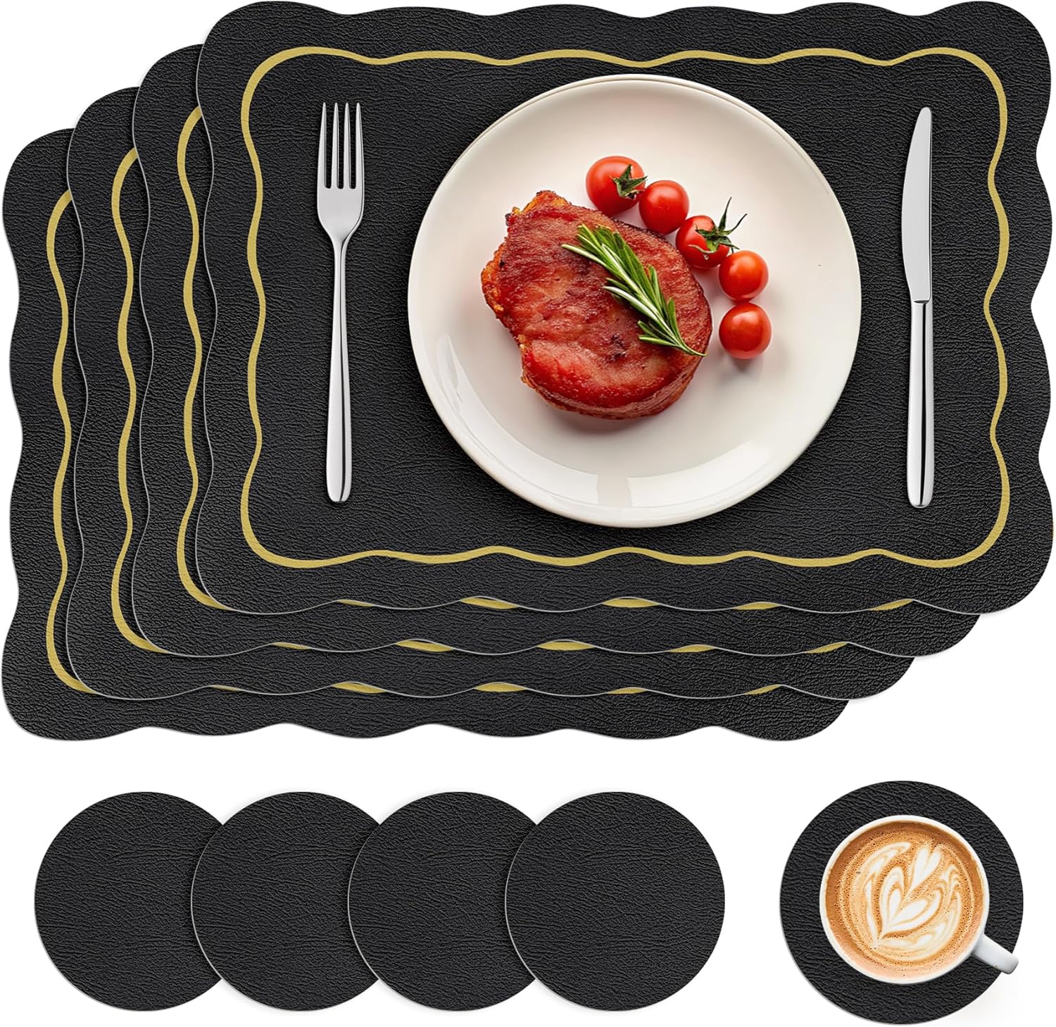Set of 4 Black Vinyl Placemats with Coasters 16.5 Inch Black Scalloped Vinyl Placemats Waterproof Faux Leather Place Mats Wipeable Heat Resistant for Kitchen Dining Table Decor