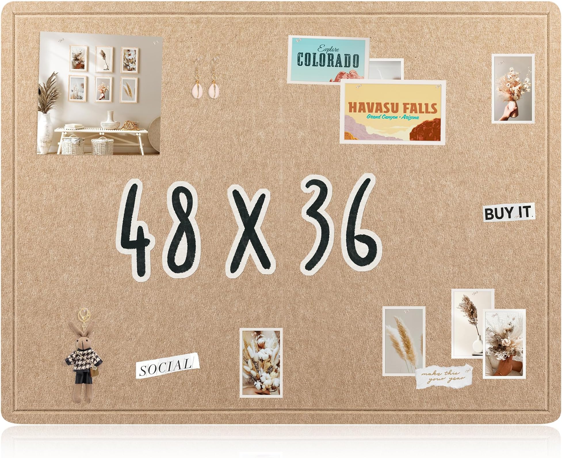 AKTOP Large Office Cork Board 48" x 36", Foldable Felt Notice Pin Board for Wall, Decorative Bulletin Board Photo Display Board with Self-Adhesive Tape for Office, School & Home, 25 Pushpins, Khaki