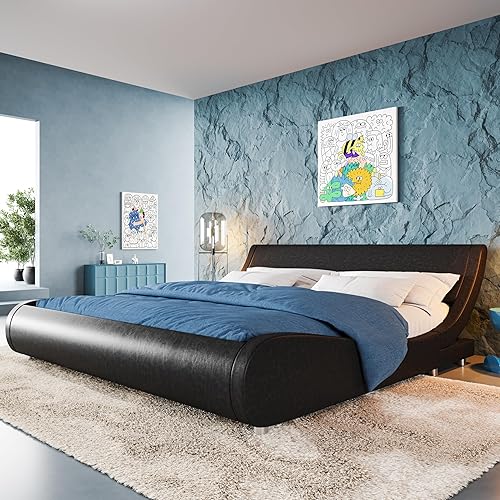 Miniatura 17 de Allewie Base de cama tapizada de tamaño matrimonial, moderna cama de trineo de perfil bajo con cabecera ajustable de piel sintética, soporte de