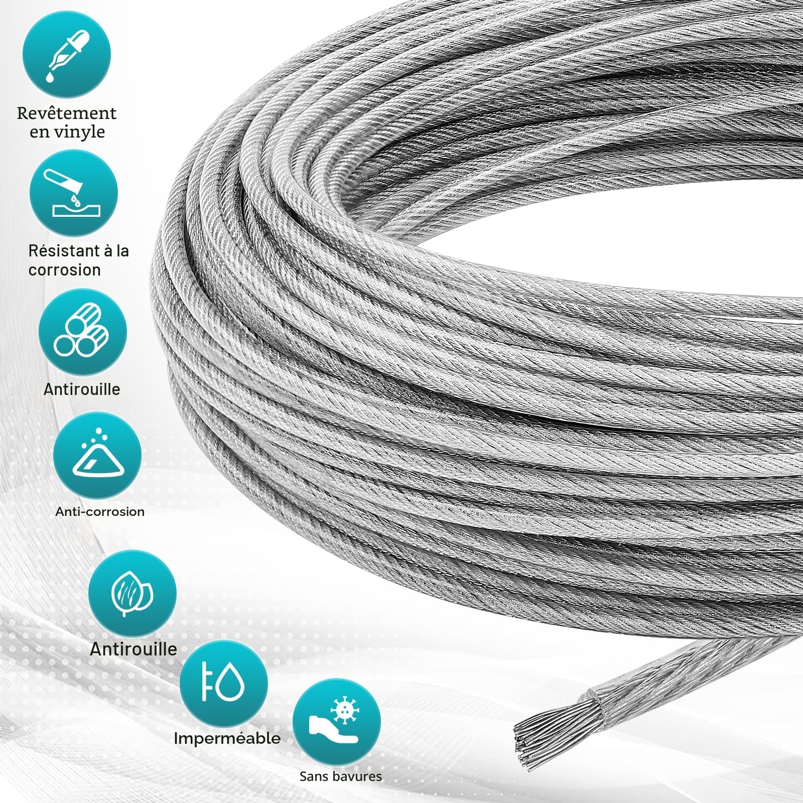 Câble en Acier Iinoxydable 3mm, 35m fil de fer de Jardin Enduit de PVC avec Tendeurs de fil de fer pour Plantes Grimpantes, Suspension de lumières Extérieures, Clôture, Sécurisation de l'ombre