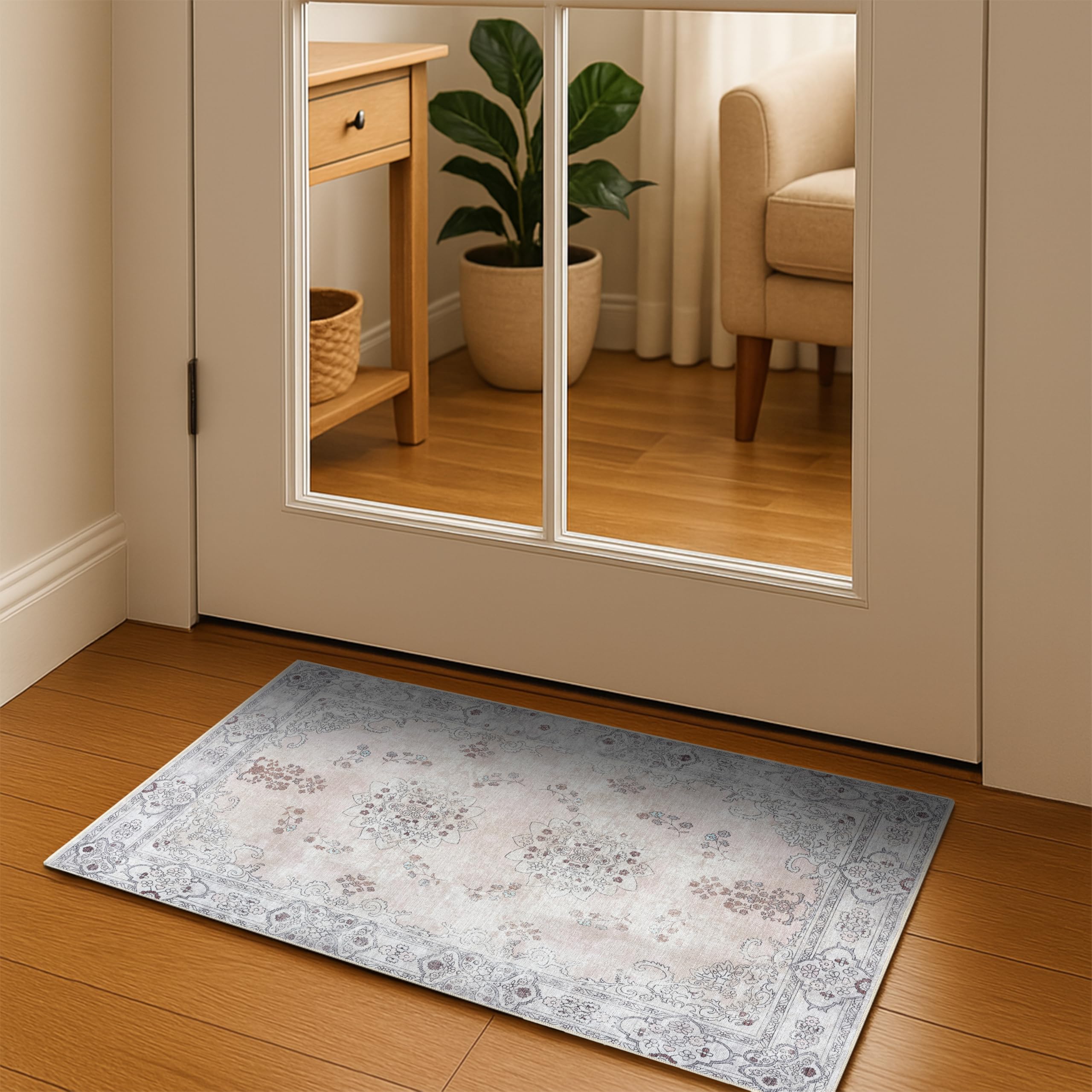 GIONARA Lite Pink Boho Oushak Rug 2x3 - Vintage Turkish Small Area Rugs for Kitchen Floor, Non-Slip Washable Rugs for Entryway, Entrance, Bathroom,