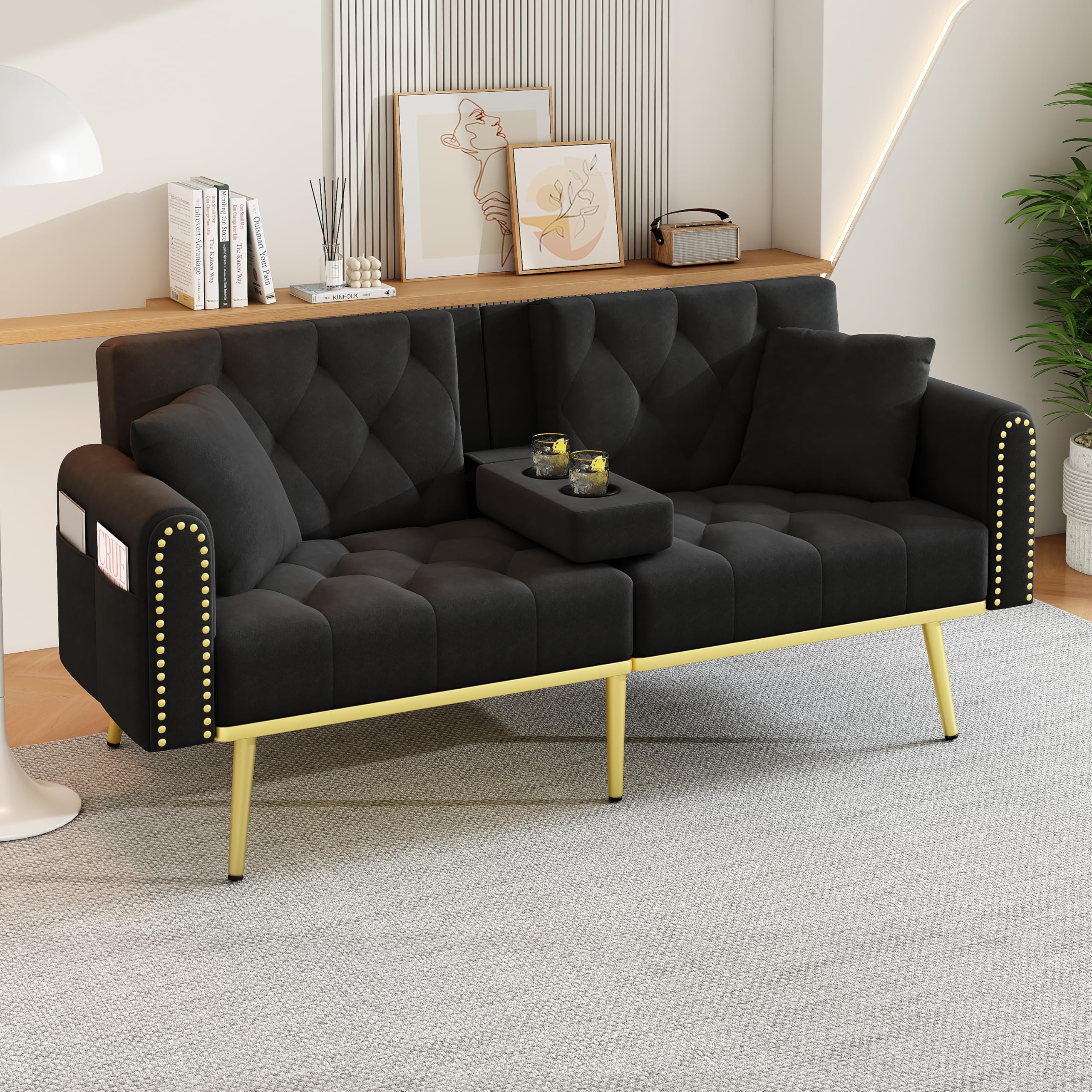 Sofá cama de 2 plazas con respaldo ajustable, moderno sofá tapizado con patas doradas, puertos USB, soporte para teléfono móvil, sofá plegable multifuncional para salón (negro)