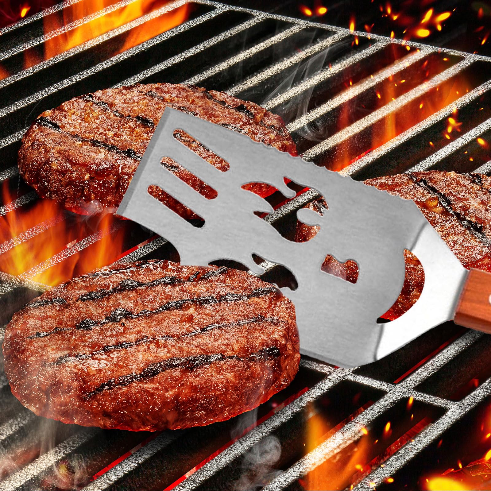 Set Ustensiles Barbecue 8 en 1, Spatule 42 cm et Fourchette 33 cm, Acier Inoxydable, Bois, Décapsuleur