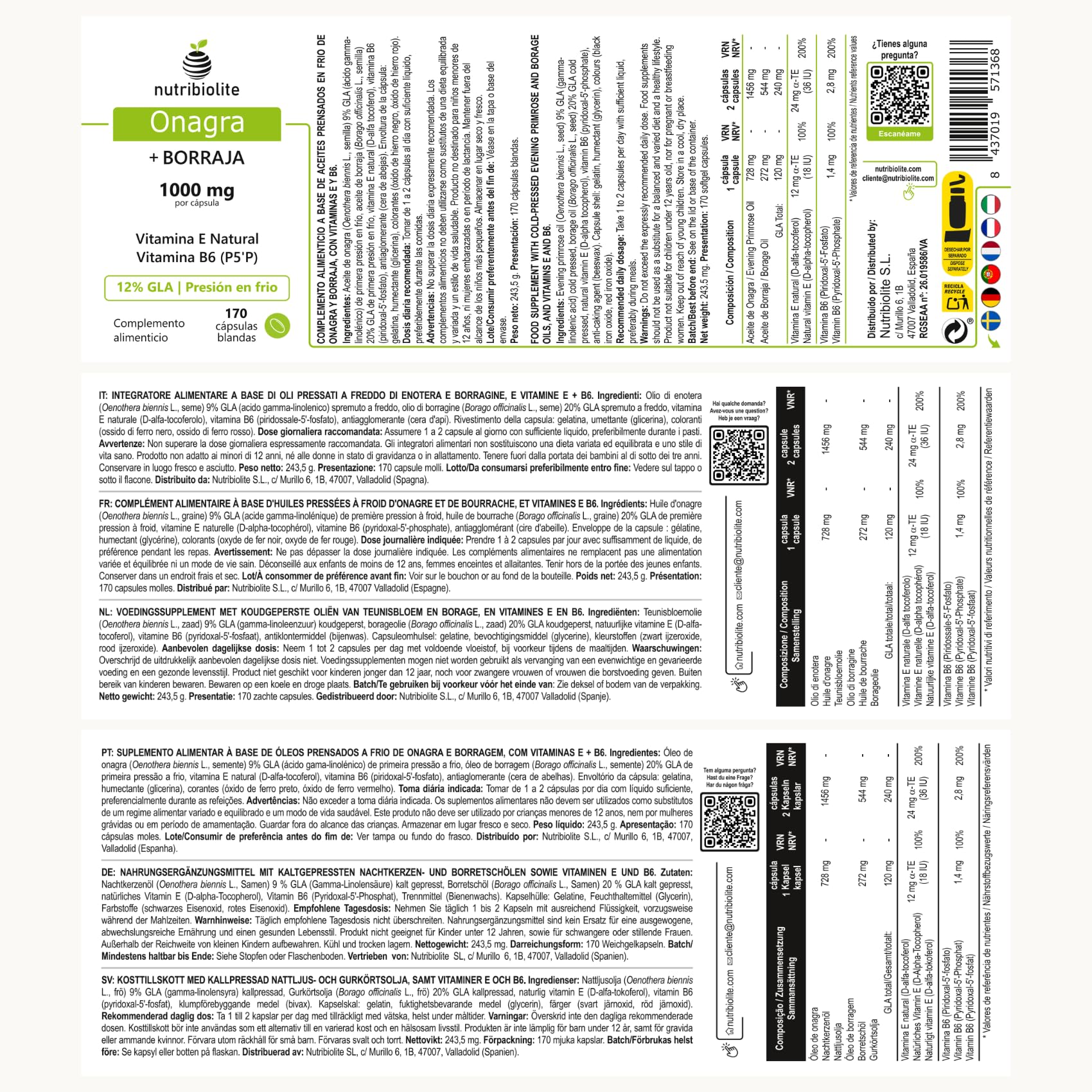 Aceite de Onagra y Borraja perlas 1000 mg - 12% GLA, Vitamina E Natural y B6 coenzimada (P5P) - Equilibrio Hormonal, SPM, Menopausia y Salud de la Piel - 170 Perlas - Prensado en Frío | Nutribiolite