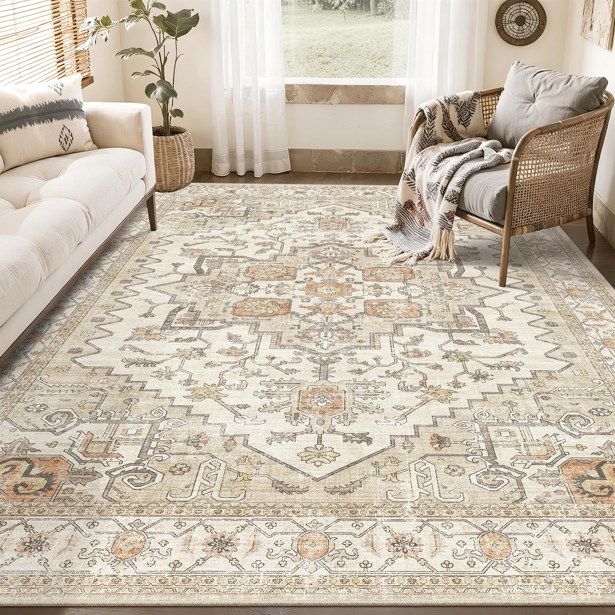 Area Rugs for Living Room - 4x6, Boho Non-Slip Low Pile Carpet Machine Washable Rugs for Bedroom, Farmhouse, Office, Dining Room (Gold)