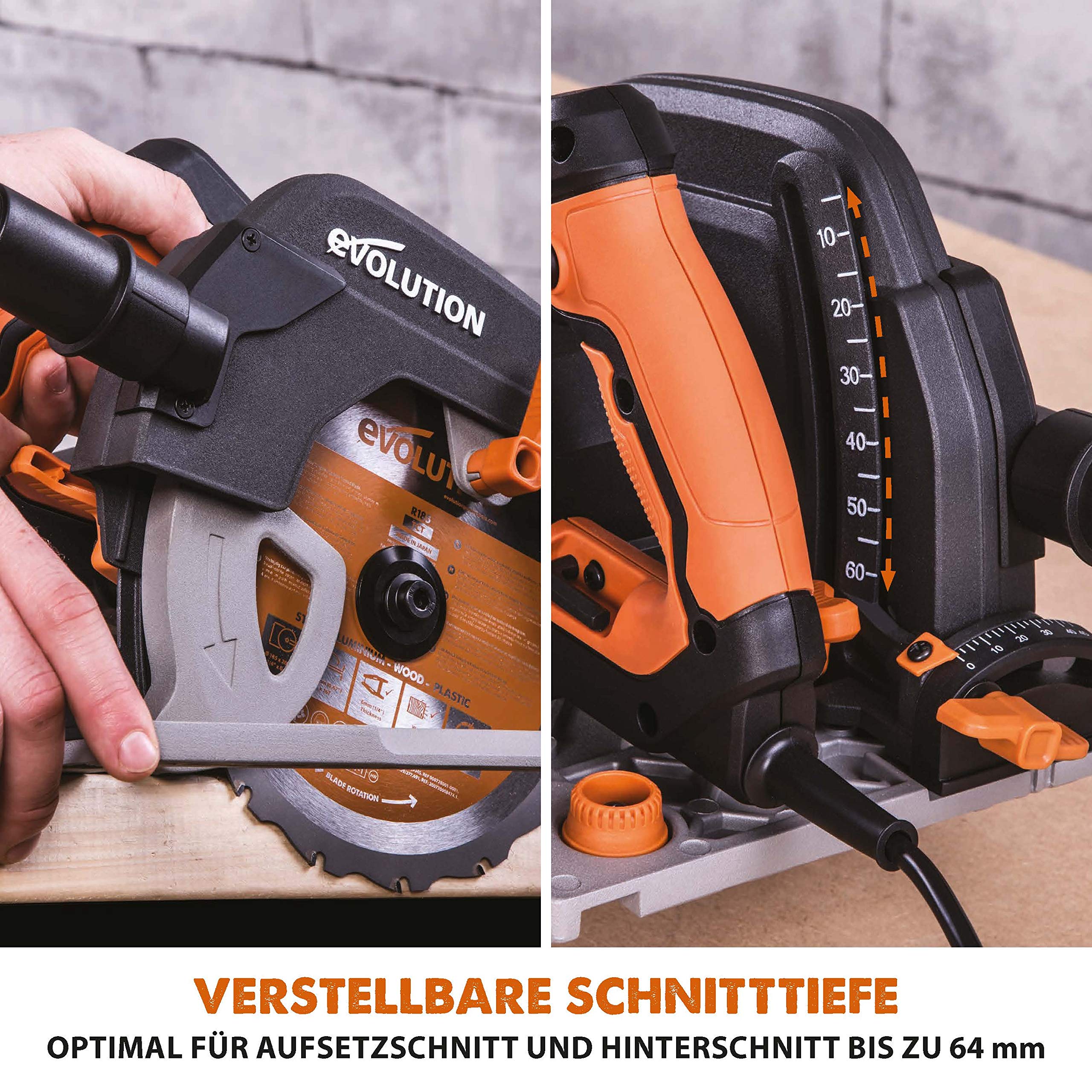 Evolution R185CCSX Handkreissäge 1600W Tauchsäge Ø 185 mm HM-Sägeblatt Multi-Material 3-teilige 1020mm Führungsschiene