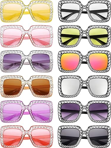 Frienda 12 pares de gafas de sol de cristal de gran tamaño con marco cuadrado para mujer, con diamantes brillantes y brillantes, estilo disco retro,