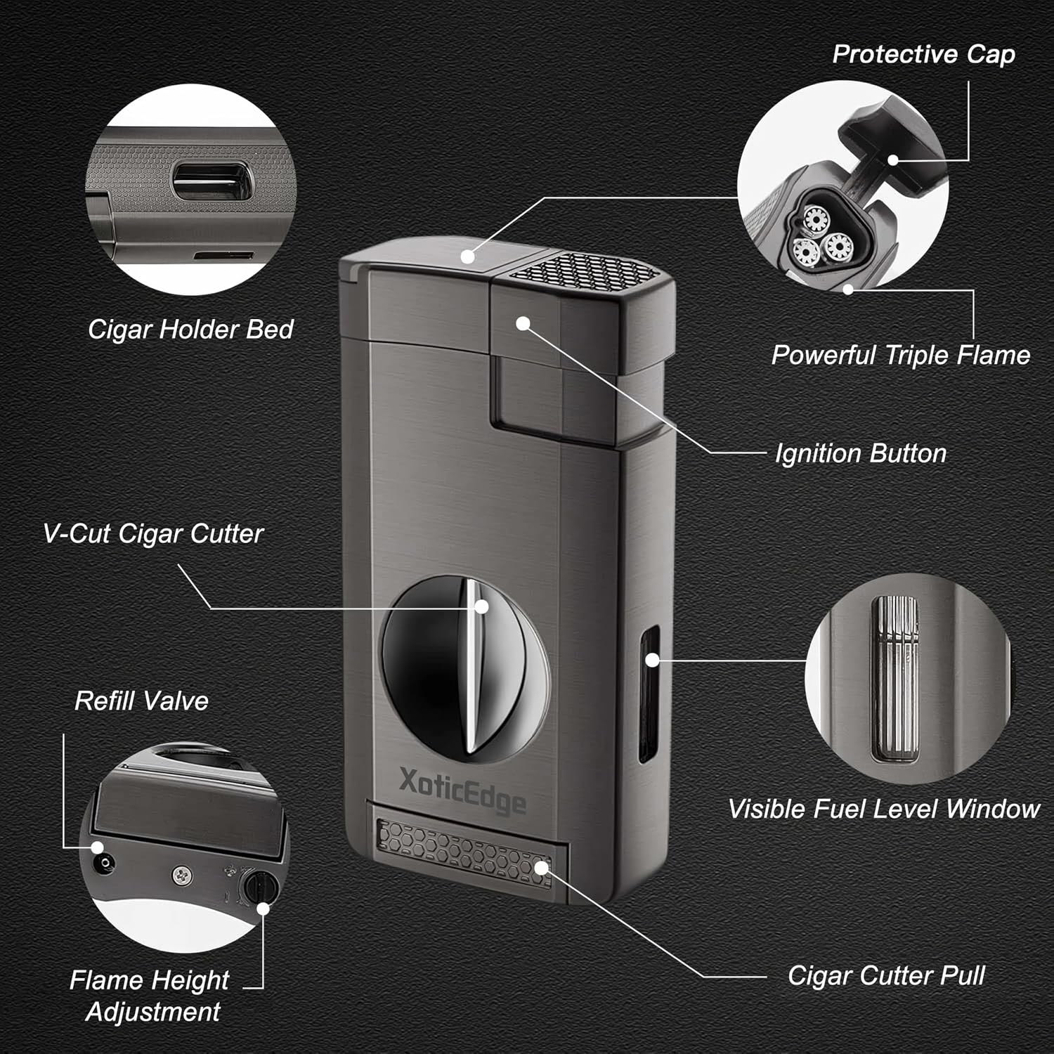 Prestige Import Group XoticEdge Lumina Triple Flame Torch Lighter with Built-in Recessed V-Cut Cutter - Gray Metal image 3