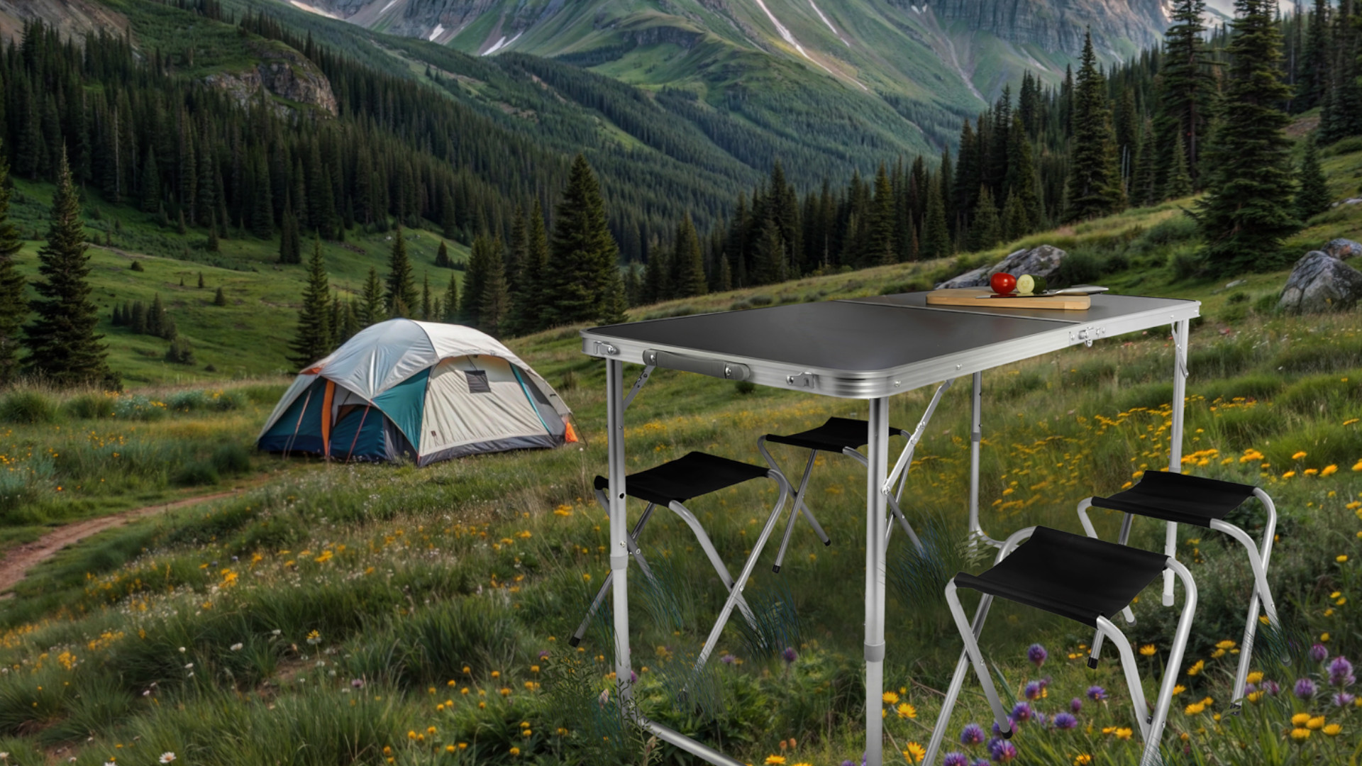 Alu Campingtisch mit 4 Stühlen – Klapptisch Camping Set Klapptisch 120x60cm