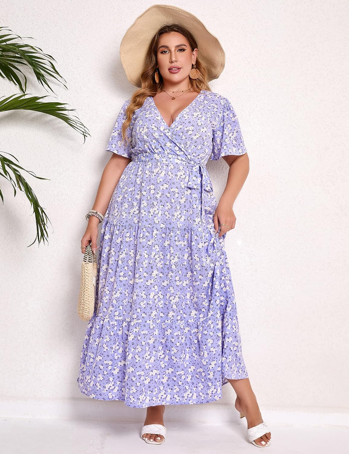 KOJOOIN Women's V Neck Wrap Maxi Dress Short Sleeves High Waist