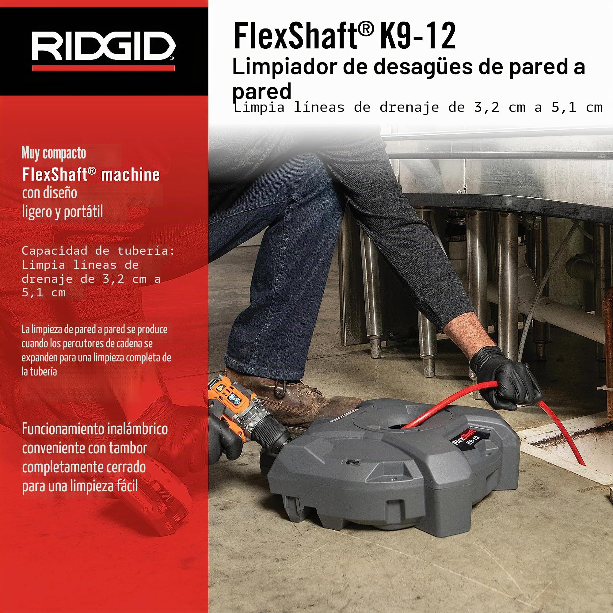 FlexShaft Limpiador de desagües de pared a pared, 1/4 pulgadas. x 30 pies. Limpia 1-1/4 pulgadas. a 2 pulgadas. Tubos a capacidad de flujo completo