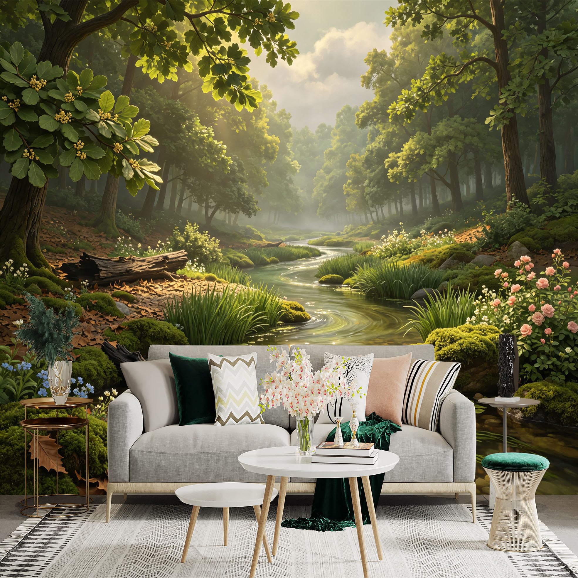Lnzczhyre Bh260719541 Custom Size Wall Sticker Mural， Enchanting Sunlight Forest Stream， Serene Woodland River Landscape， Wildflowers And Lush Mossy Banks， For Wall Decoration， Peelandstick Wall Decals.