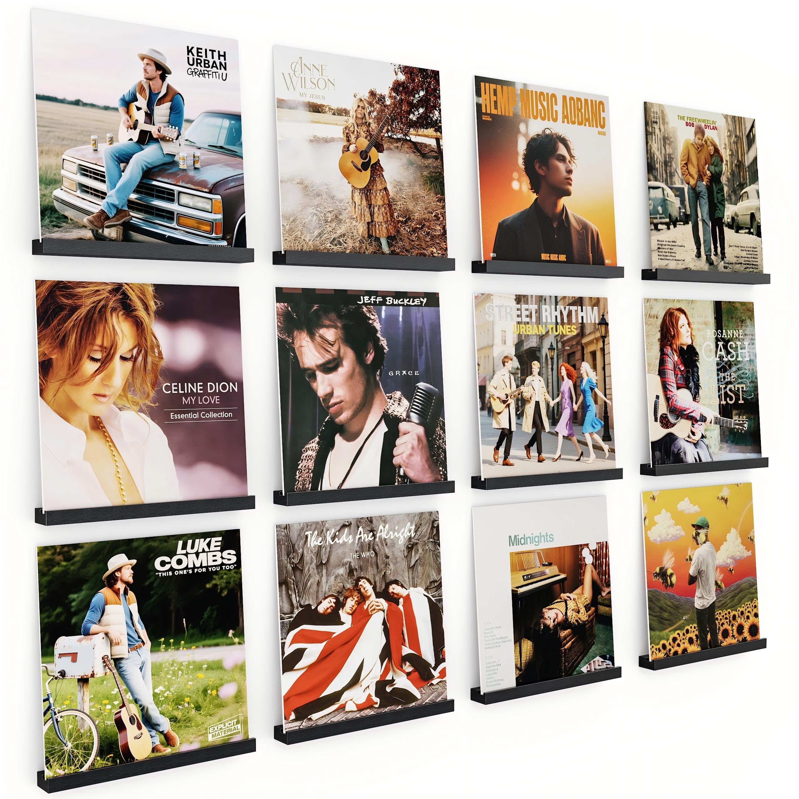 12 Pièces Porte-disques Mural en Bois, Rétro Supports Muraux pour 12 Vinyles, Porte-disques Mural pour Salon de Décoration, Affichage et Stockage, Collections (Noir)