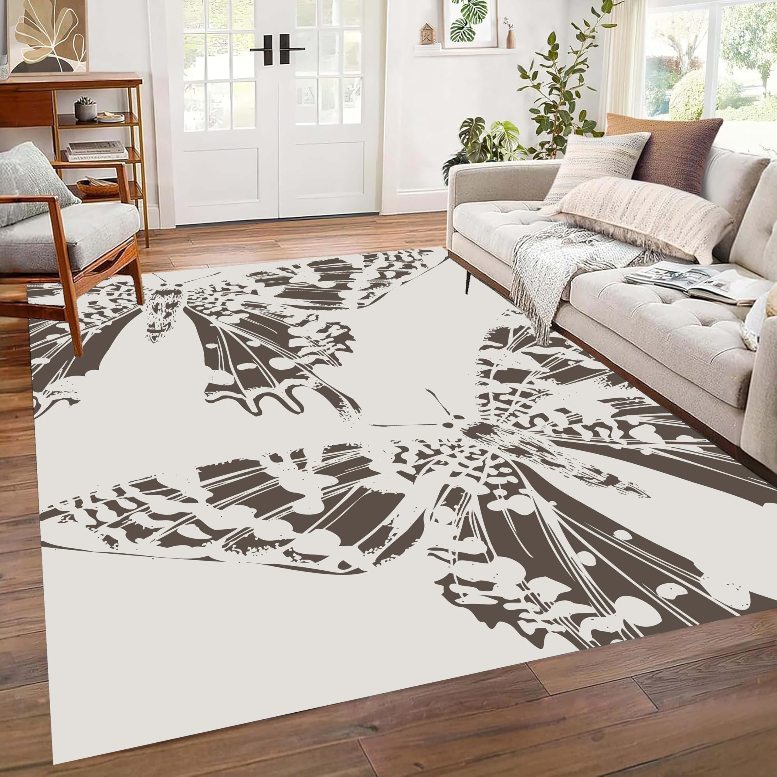 Kuluoits Insect Floral Area Rug, 160x200cm Abstract Gray and Beige Moth Washable Rugs, Non-Slip Durable Easy-To-Clean Soft Bohemian Carpet for Living Rooms Bedrooms Kitchens and Laundry Rooms