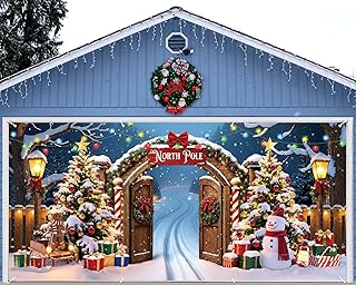 Christmas Door Banner Decoration 7 x 16 ft Magnetic Garage Door Covers Large Christmas Backdrop Decorations for Outdoor Indoor Xmas Party (the North Pole)