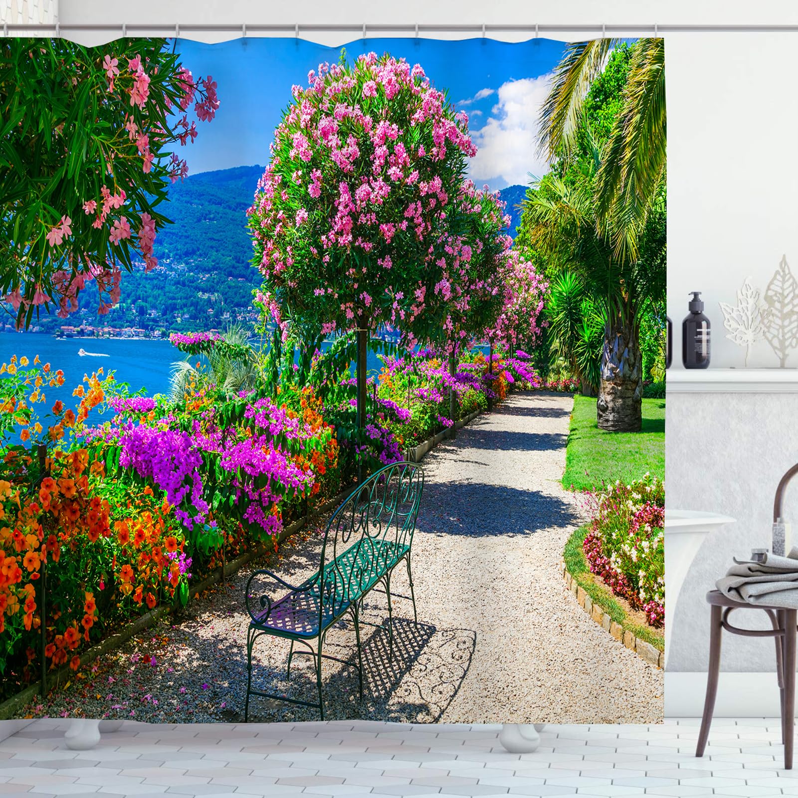 OCEUMACO Garden Shower Curtain Outdoor, 3D Italian Lake Floral Path Scenery Bath Shower Curtains Bathroom Decor, Garden Scene View Waterproof Fabric with Hooks 240x200 cm, A05
