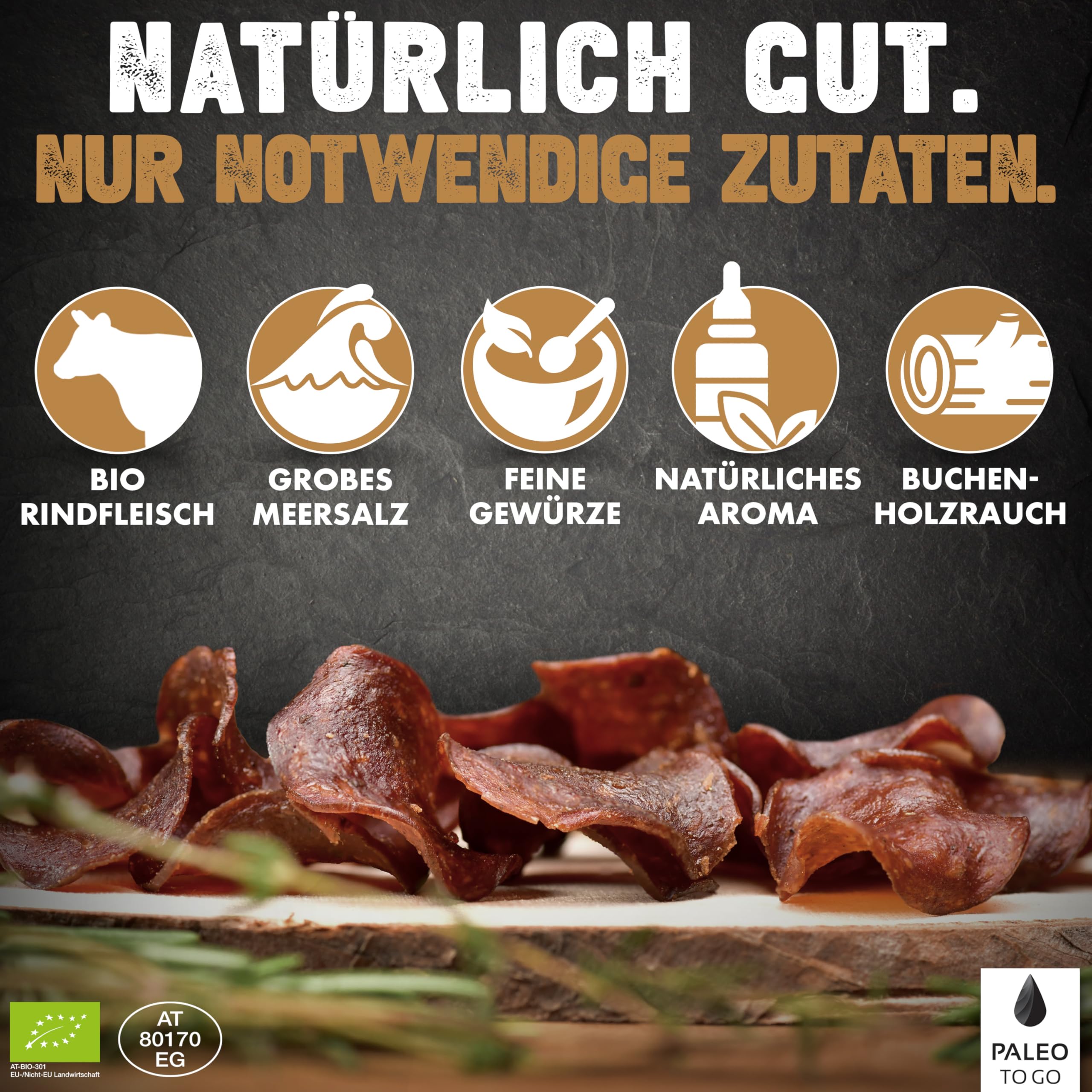PALEO TO GO Beef Chips [100% BIO] 60% High Protein Bio Rindfleisch [Made in Austria] ohne Konservierungsstoffe Protein Beef Jerky Snack Trockenfleisch 8x 20g Fleisch Snacks Protein Chips