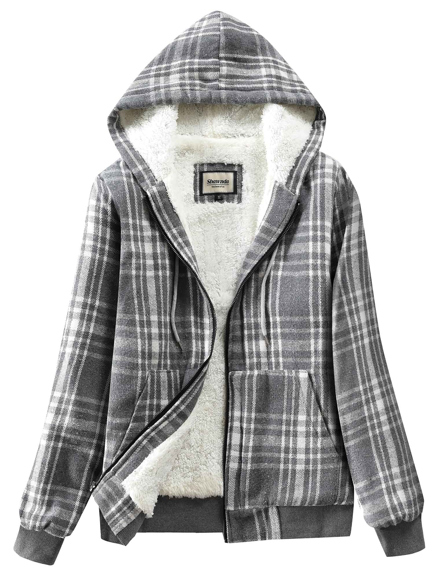 Shawnda Women's Casual Zip Flannel Sherpa Lined Plaid Jacket Plaid flannel hooded jacket with cozy sherpa lining. Zip front, drawstring hood, rib cuffs & side pockets for daily warmth.
