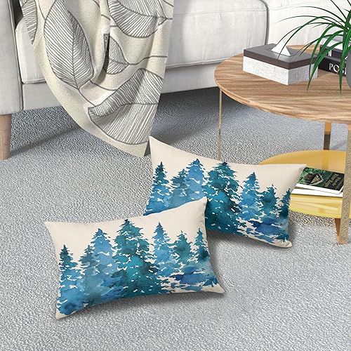 Miniatura 7 de Juego de 2 fundas de almohada lumbar de árbol azul acuarela de 12 x 20 pulgadas, fundas de almohada rectangulares con temática natural de invierno y