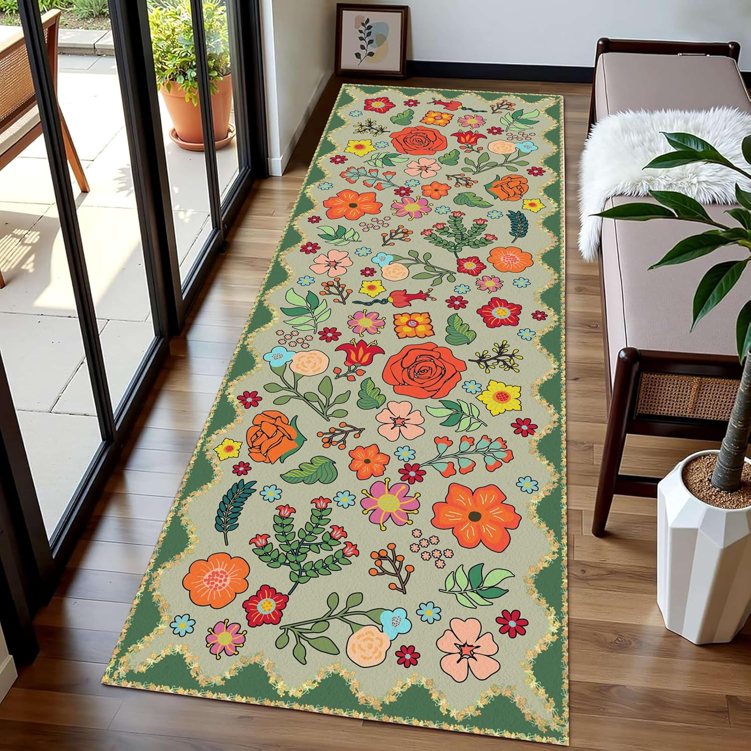 Vintage Floral Runner Rug 1.3x7ft - Boho Botanical Non-Slip Rug for Hallway, Entryway, Kitchen with Vibrant Flowers, Retro Bohemian Home Decor