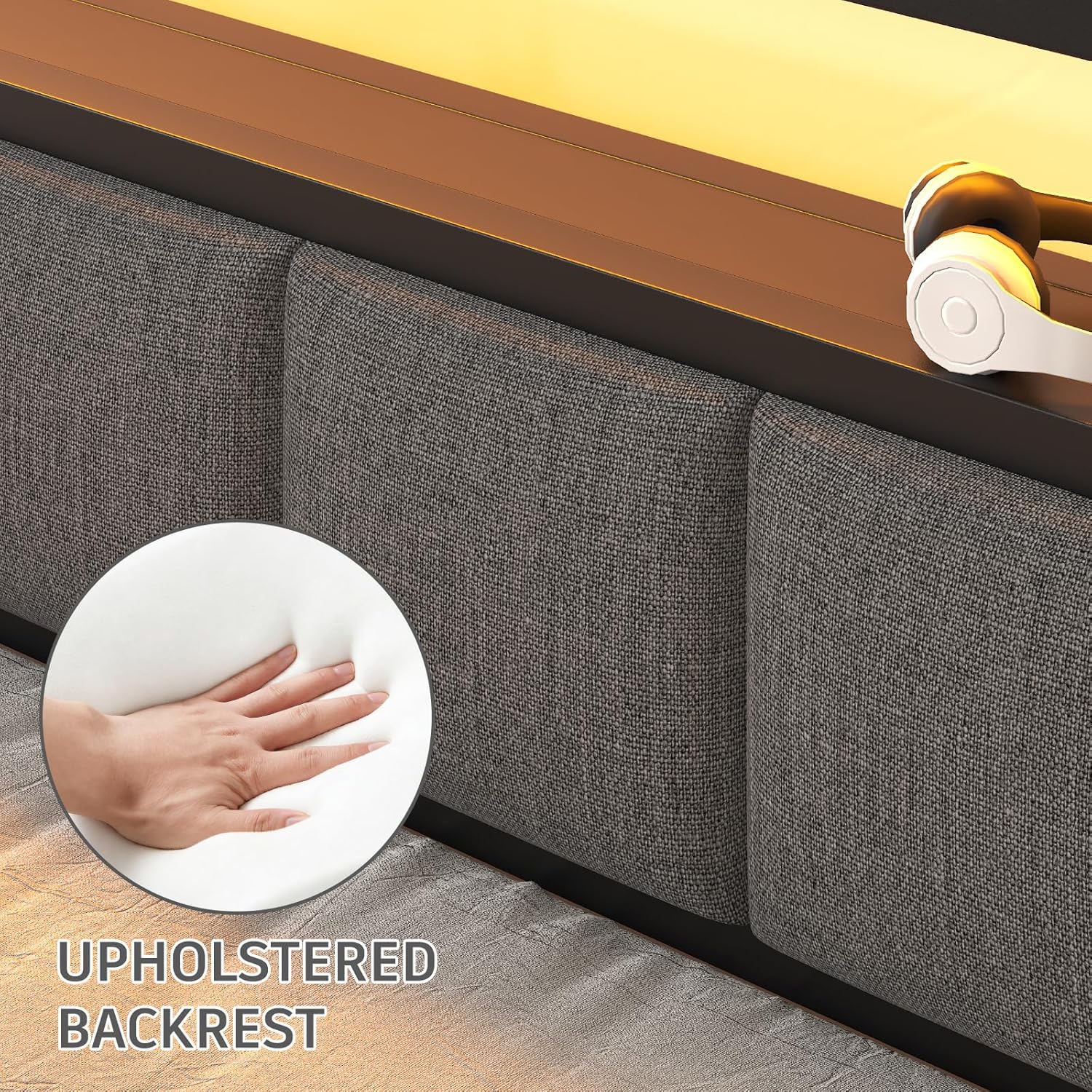 Queen Size Bed Frame with LED Lights and Charging Station, Wood Storage Headboard with 2-Tier Shelves, Heavy Duty Metal Slats, No Box Spring Need, Noise Free, Easy Assembly, Light Grey - Image 6