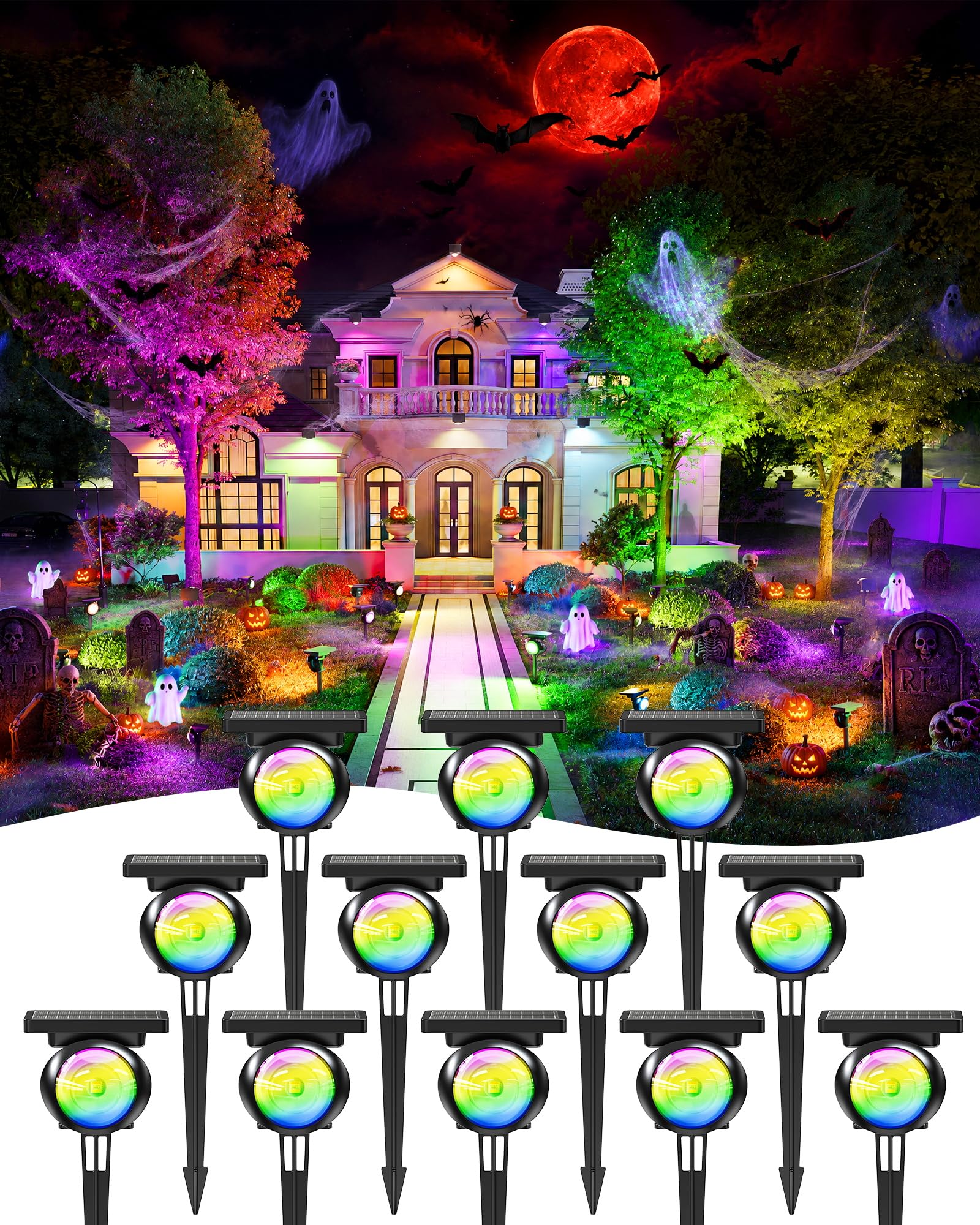 Focusing Solar Spot Lights Outdoor Waterproof, RGB+3CCT Tree Uplights 12Pcs