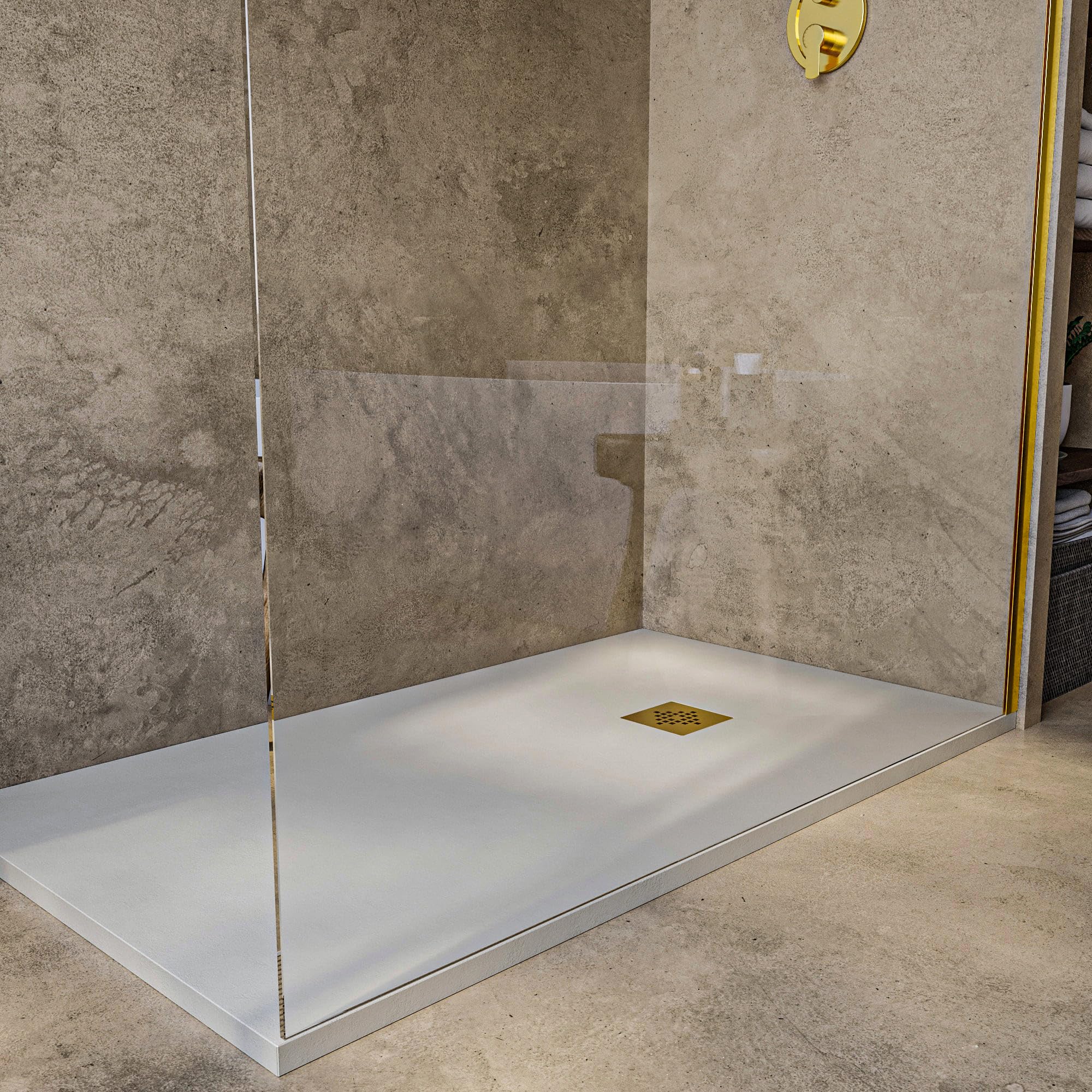 SOULHOME Brodzik prysznicowy– Żywica– Gel Coat– Gładka/Kamienna tekstura – Antypoślizgowy – Kolor kremowy – 140x90- Niski 3 cm– Z dodatkowym syfonem – Ruszt Złoty